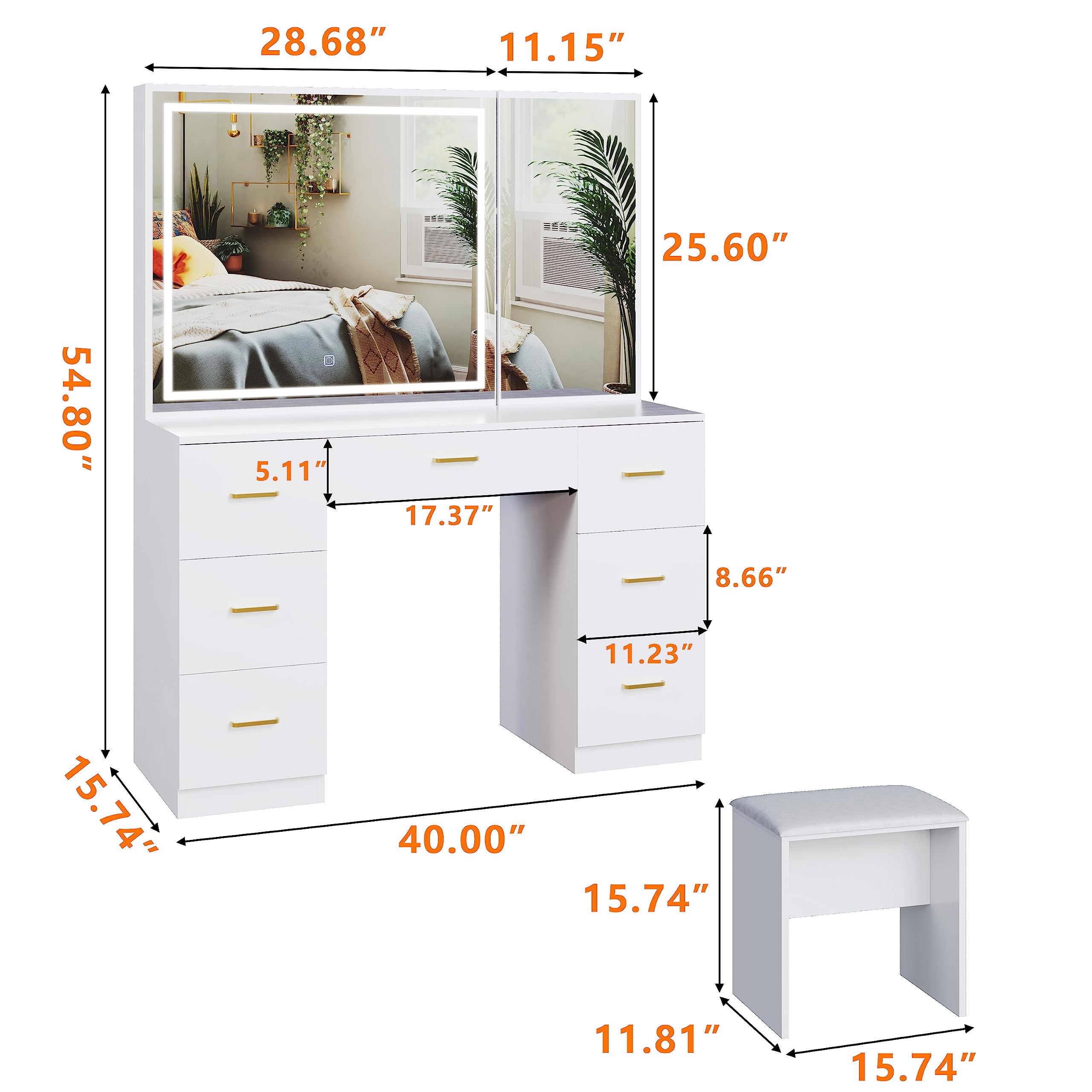 Large Lighted Vanity Desk with Stool - 7-Drawer Makeup Vanity Set with Adjustable Brightness Mirror, White Bedroom Furniture for Women | Perfect for Dressing Room, Bedroom Decor & Makeup Organization