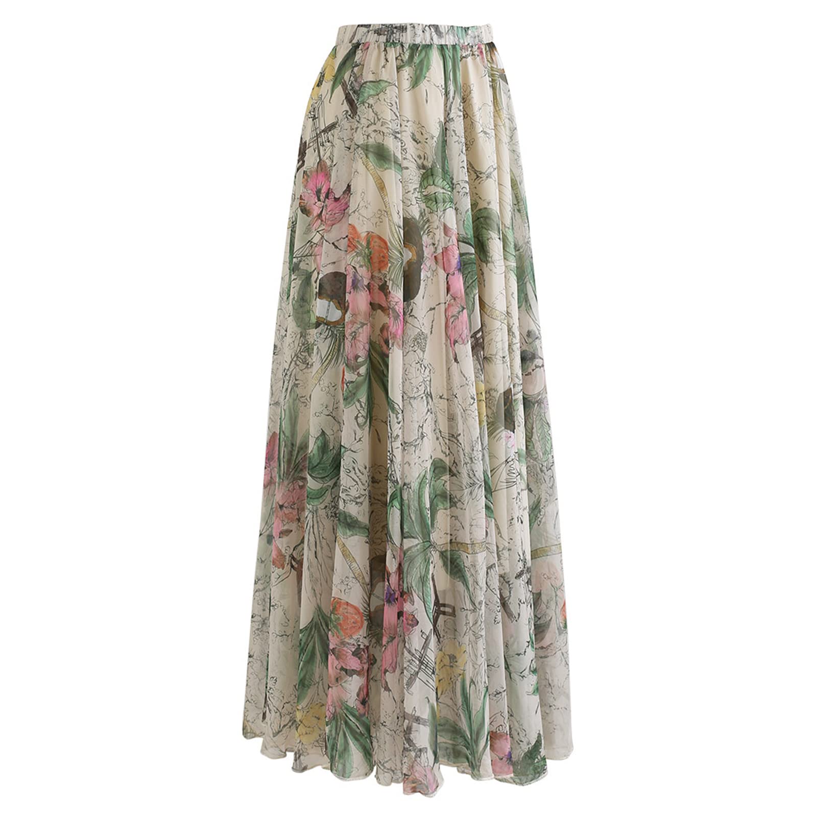 CHICWISH Women's Floral Print Chiffon Maxi Skirt - Watercolor Flower Design for Summer Beach, Wedding & Boho Outfits
