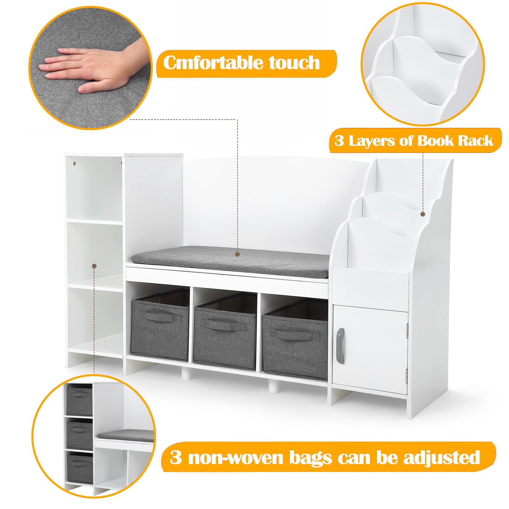 Kids Bookshelf with Reading Nook & Detachable Cushion - Sturdy Book Storage Organizer for Boys and Girls Bedroom, Playroom or Nursery | Perfect for Storytime, Reading Corners & Kids Room Organization