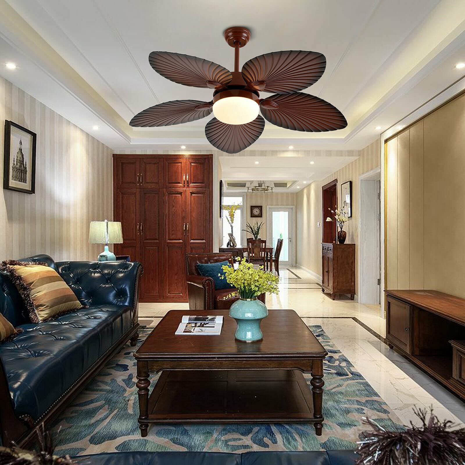 OUKANING 52-inch Tropical Ceiling Fan with LED Light and Remote Control - Indoor/Outdoor 5-Blade Palm Design for Living Room, Bedroom, Dining Room, Restaurant, Bar, Cafe - Perfect for Coastal Decor and Breezy Comfort