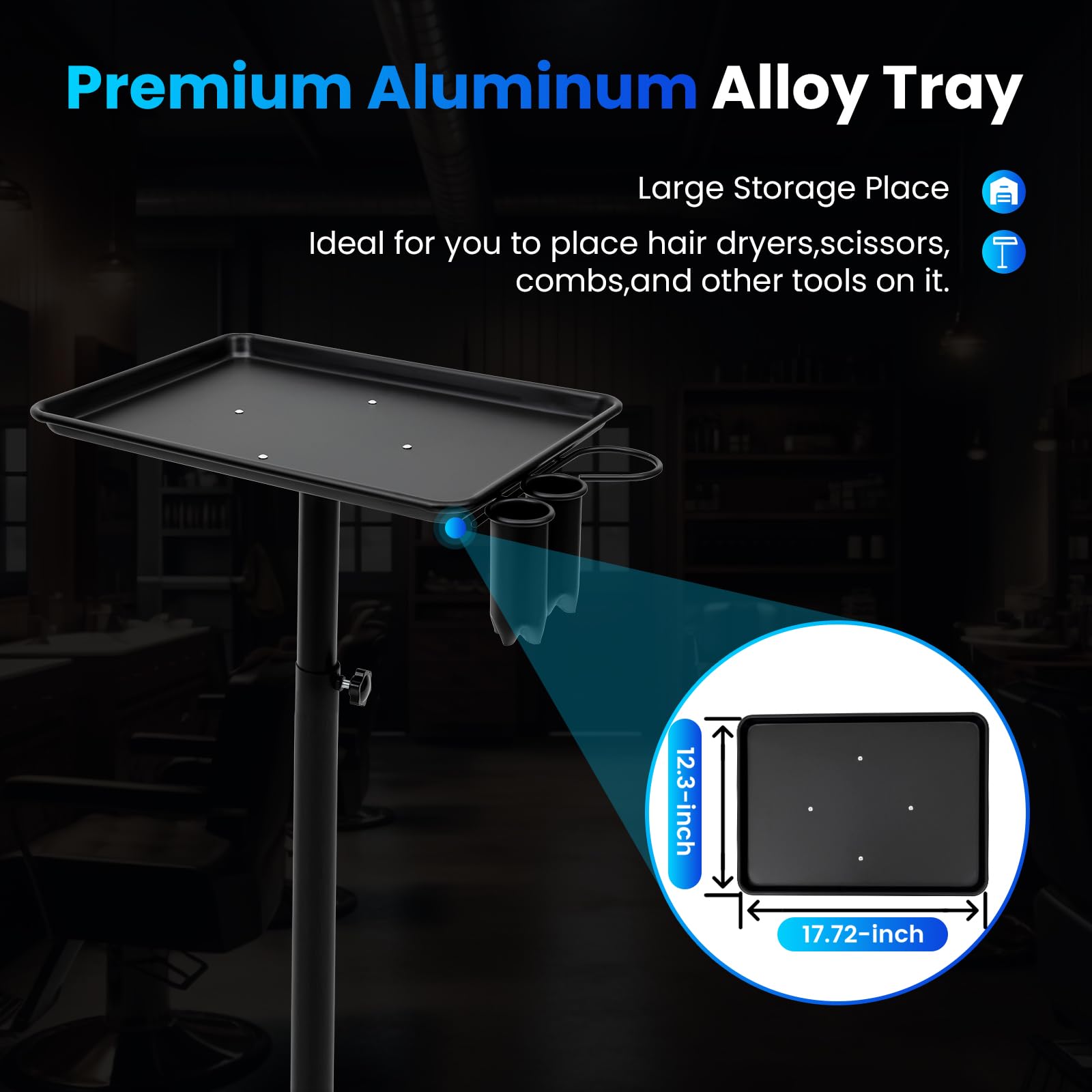 Adjustable Height Mobile Rolling Tray - Salon & SPA Cart with Shelf for Hairdressing, Tattoo Equipment & Medical Instrument Storage - Perfect for Beauty Salons, Tattoo Studios & Medical Clinics (Black)