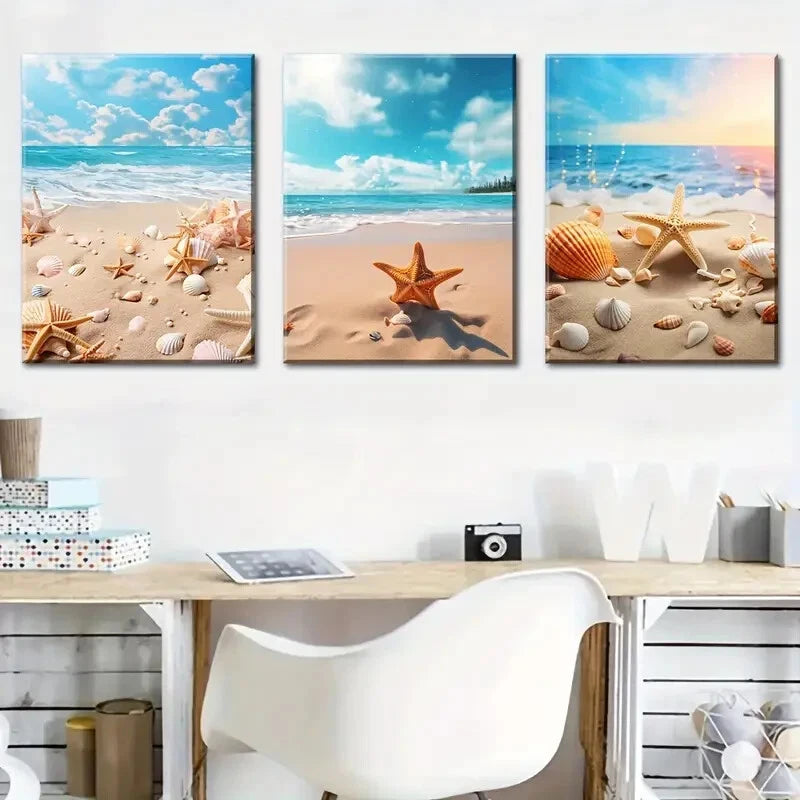 3-Piece Vibrant Ocean, Seashells & Starfish Metal Wall Art - Ready to Hang Coastal Decor for Beach House, Bathroom & Living Room