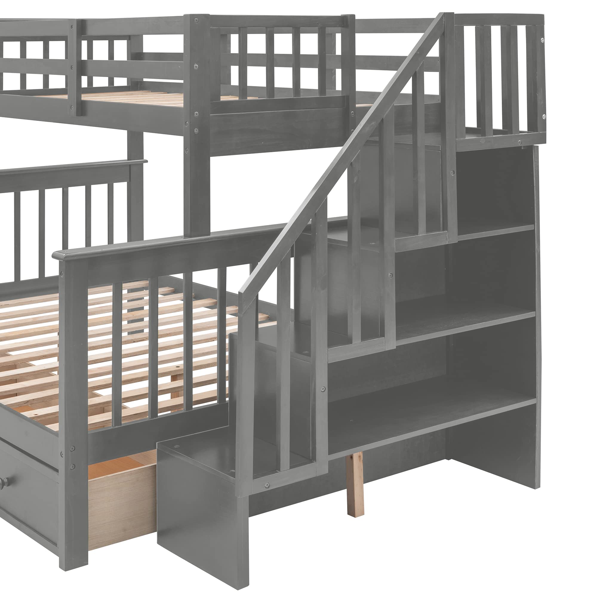 P PURLOVE Twin-Over-Full Bunk Bed with Drawer & Side Storage - Solid Wood Bunk Bed for Kids, Teens & Adults - Space-Saving Solution for Small Bedrooms, Dorm Rooms & Guest Rooms