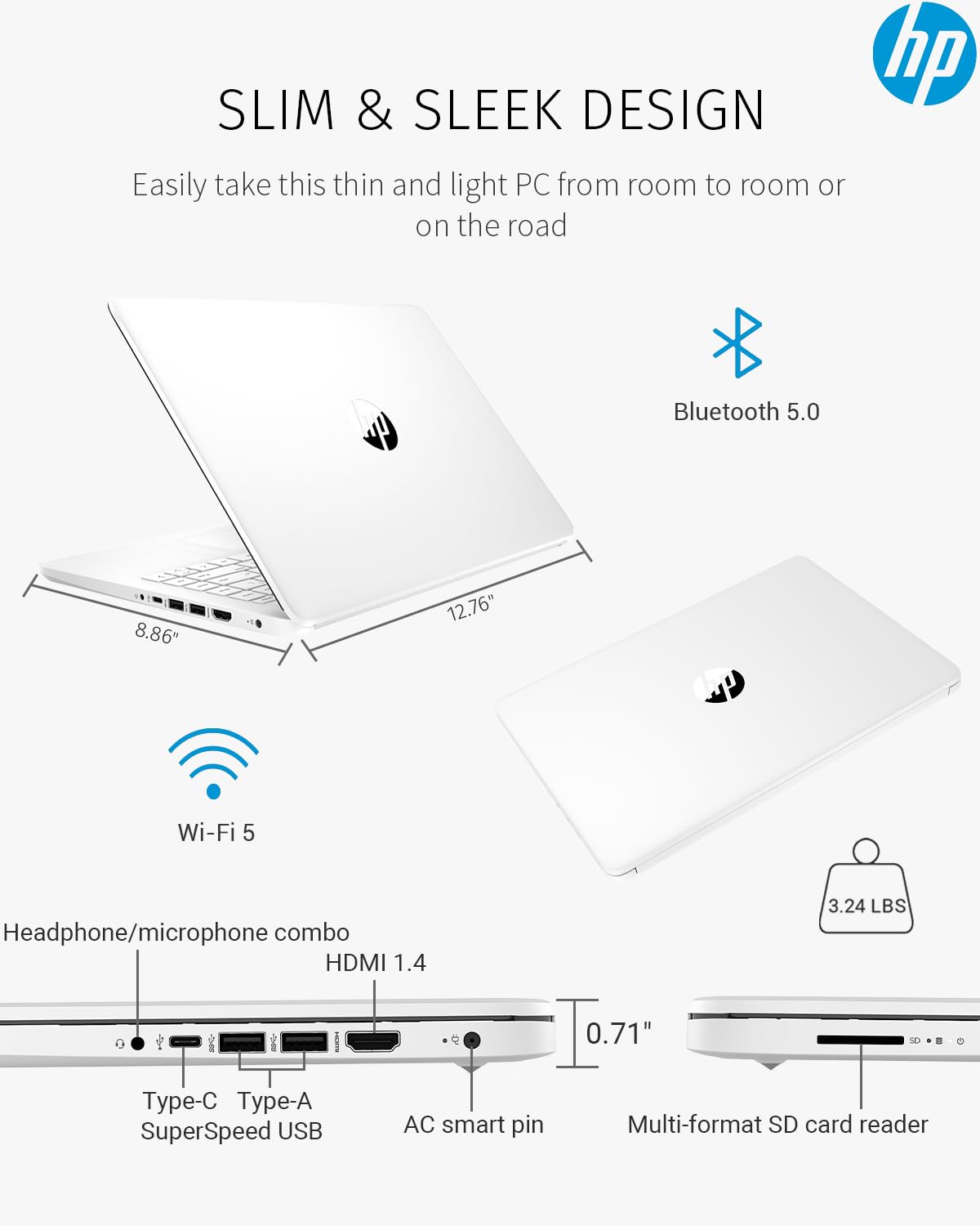 HP 14-inch Thin & Light Laptop for Students - Intel Processor, 8GB RAM, 64GB eMMC + 128GB SD Card, Windows 11, 1 Year Microsoft Office, Webcam, Long Battery Life (White) - Perfect for College, Online Classes & Remote Work