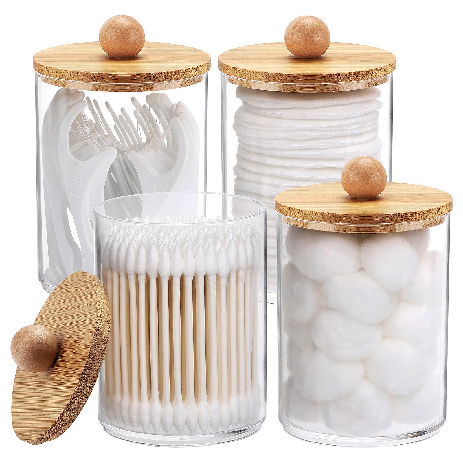 Tbestmax 4-Pack Clear Plastic Apothecary Jars with Bamboo Lids - 10oz Bathroom Organizer for Cotton Balls, Swabs & Dental Floss - Stylish Storage Containers for Countertop Vanity & Spa Decor
