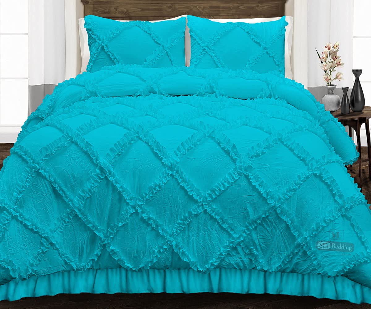 Luxury Wyoming King Comforter Set - 300 GSM Plush Siliconized Microfiber Fill, Diamond Ruffle Design in Turquoise Blue, Box Stitched Quilted Duvet Insert with Pillowcases & Piping | Ultra Soft Bedding for Master Bedroom, Guest Room & Hotel Use