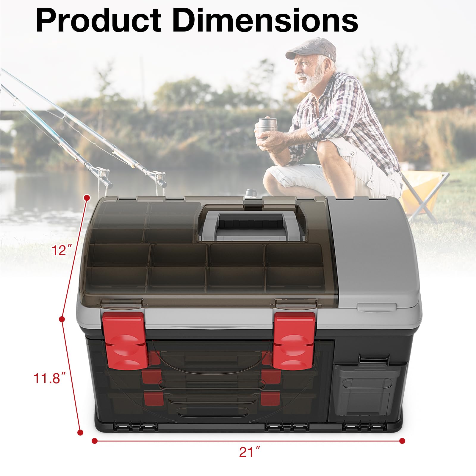 Goplus Large Fishing Tackle Box - Portable Waterproof Storage Organizer with 3 Adjustable Compartments, Side Storage & Double-Layer Top Compartment - Perfect for Fishing Gear, Camping Tools & Outdoor Equipment Organization