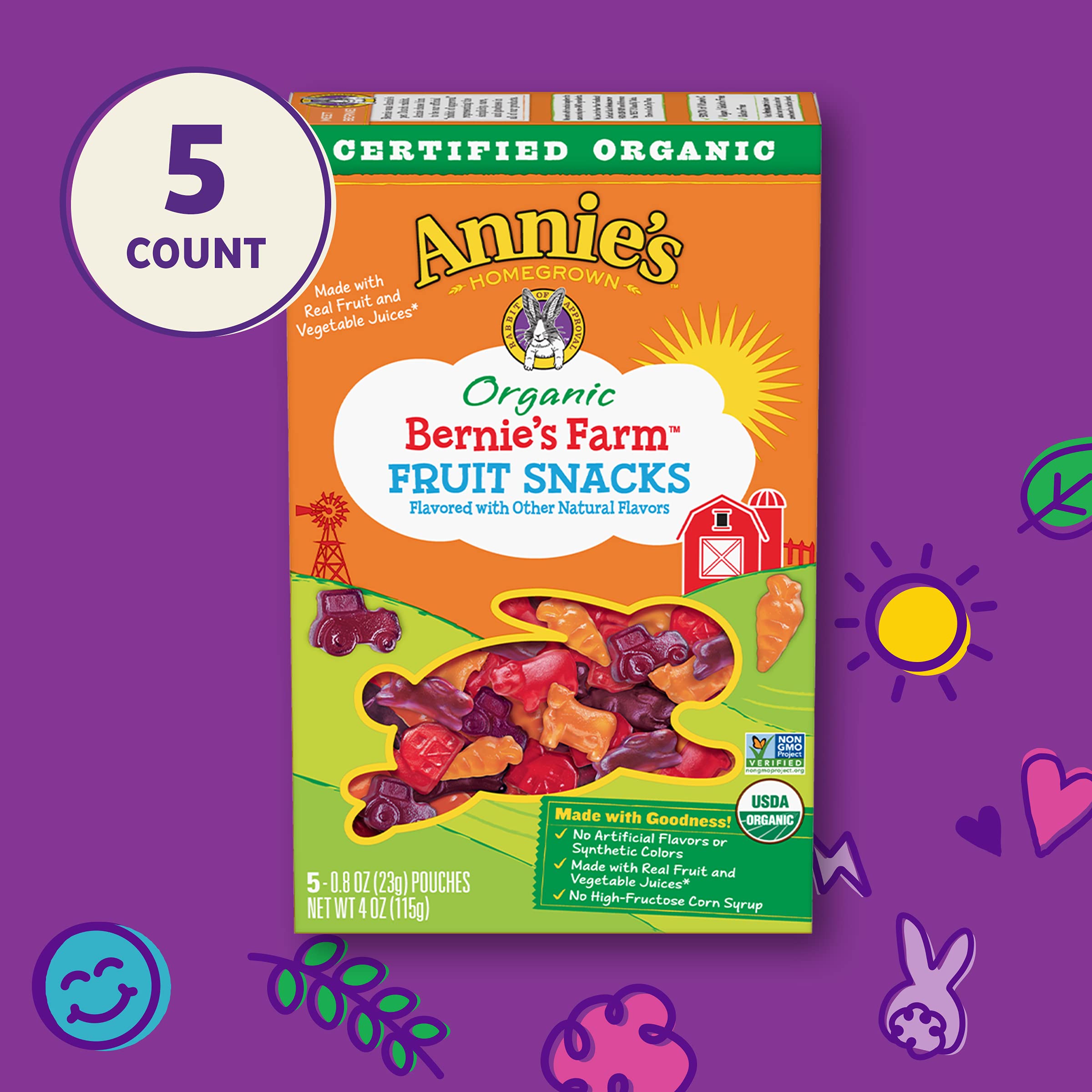 Annie's Homegrown Organic Bernie's Farm Fruit Snacks - 60 Count (0.8oz Pouches) | Healthy Kids Snacks, Lunchbox Treats & On-the-Go Snacking