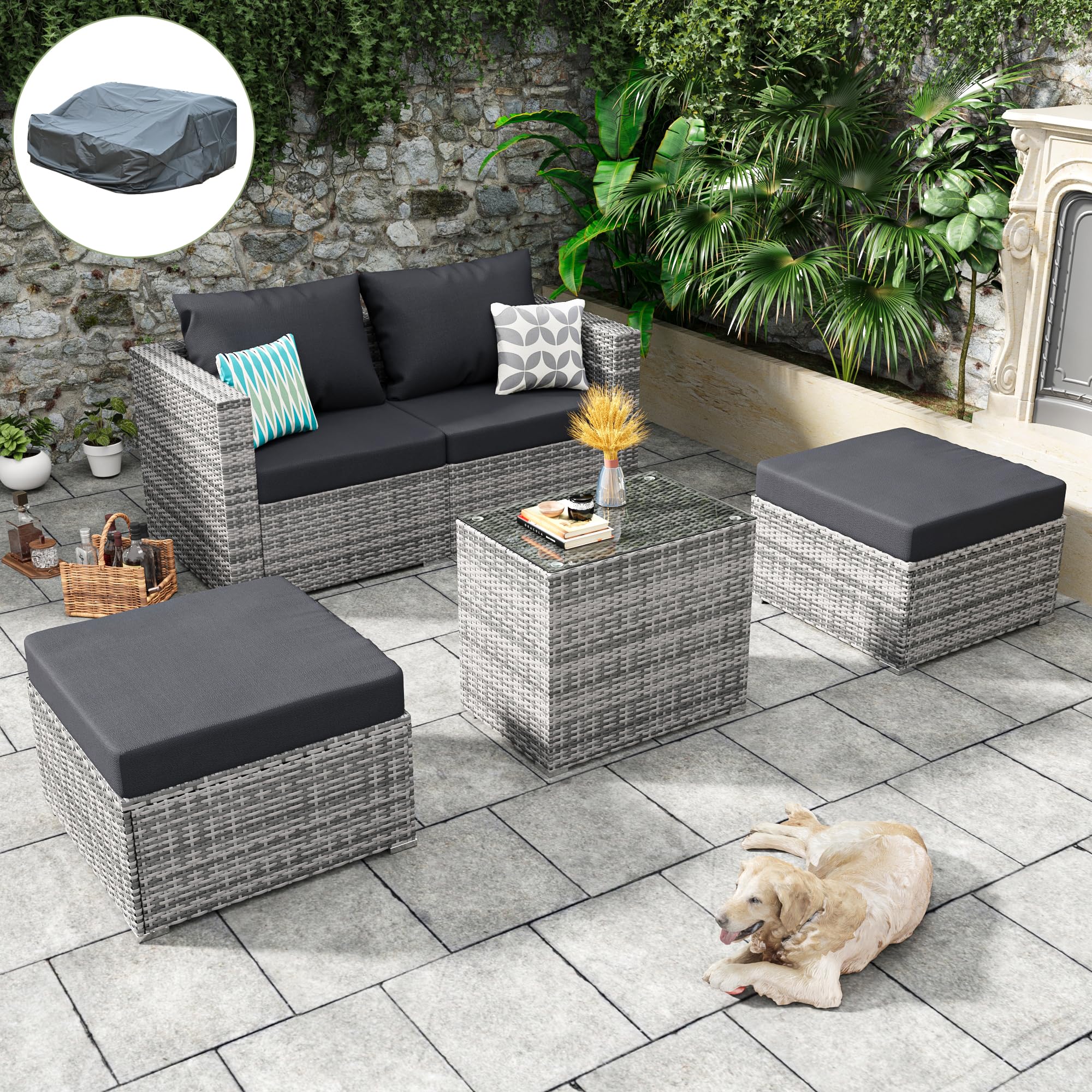 5-Piece All-Weather Wicker Patio Furniture Set - Outdoor Rattan Sectional Sofa with Ottoman & Cushions - Perfect for Garden, Poolside, Backyard & Lawn Relaxation