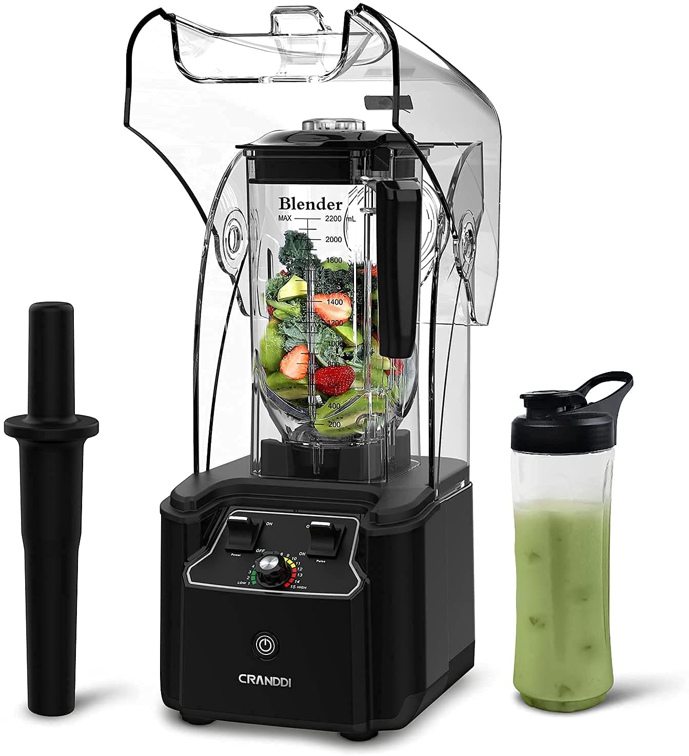 CRANDDI 2200W Professional Commercial Quiet Blender - BPA-Free 80oz Pitcher, 15-Speed & Pulse Control - Heavy Duty Smoothie Maker for Restaurants, Bars & Home Use - Perfect for Frozen Drinks, Protein Shakes & Food Prep (Black, 110V)