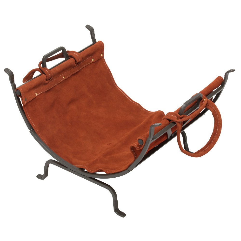 Uniflane Olde World Iron Firewood Log Holder with Suede Leather Carrier - Rustic Fireplace Accessory for Indoor/Outdoor Use - Perfect for Firewood Storage by Fireplace, Patio or Camping
