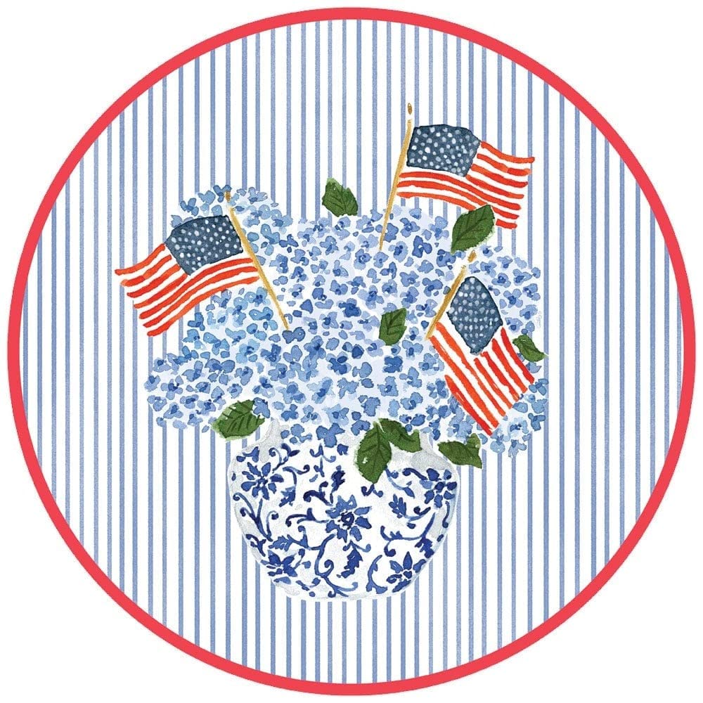 Caspari Flags and Hydrangeas Round Paper Placemats - 48 Count Set for Elegant Table Settings, Parties, Weddings & Special Occasions