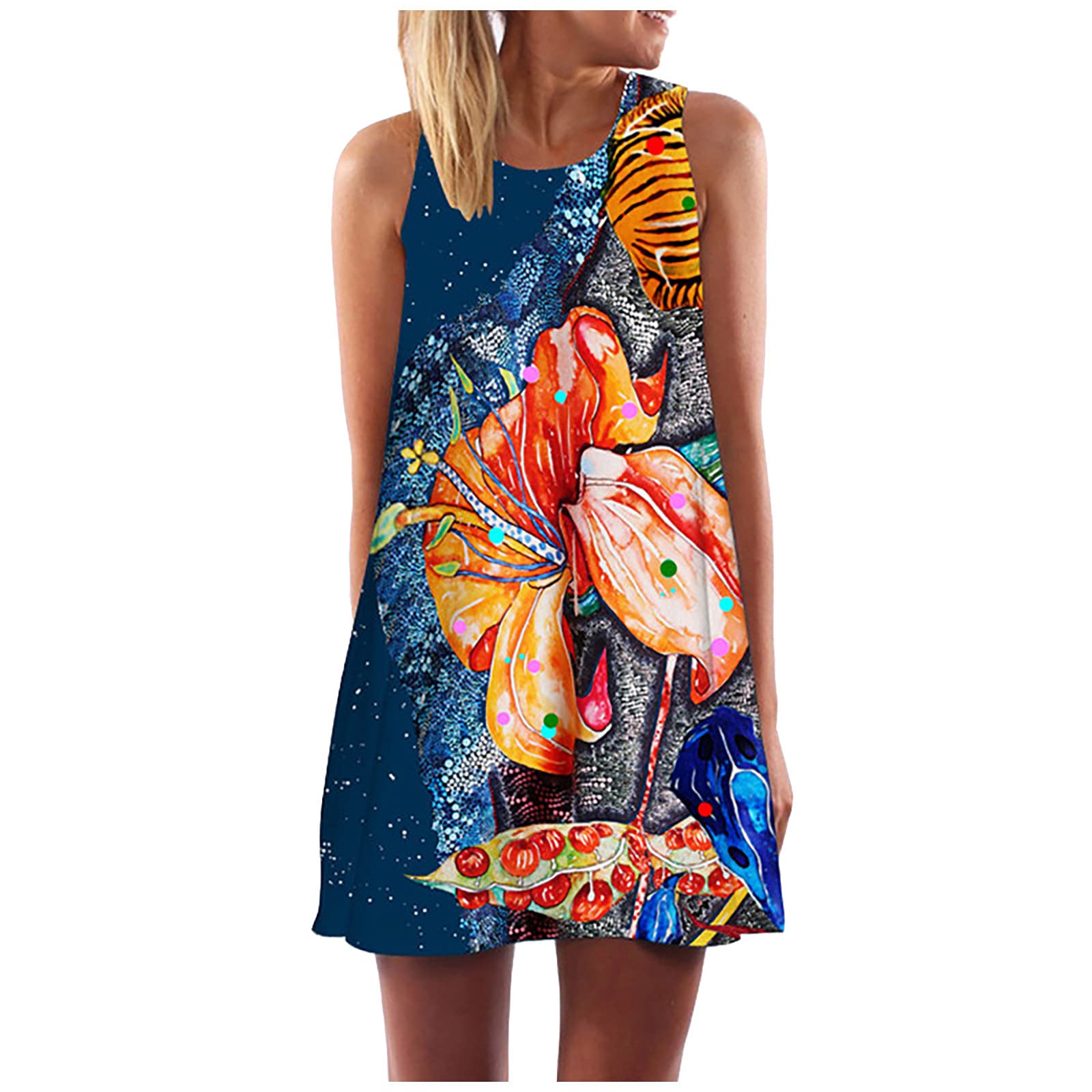 UYTOGOFE Women's Casual Floral Print Sleeveless Wrap Dress - Summer Beach Cover Up, Loose Fit O-Neck Sundress for Vacation, Daily Wear & Holiday Outfits