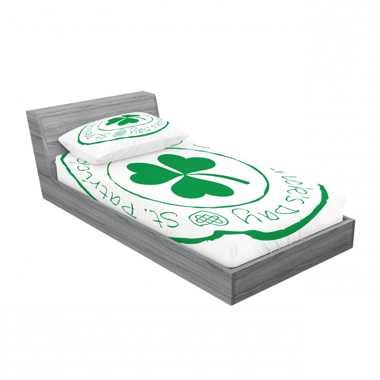 Ambesonne 2-Pack Irish Shamrock Twin XL Fitted Sheets & Pillow Sham Set - 4-Piece Green and White Bedding Decor for St. Patrick's Day & Themed Room Decor
