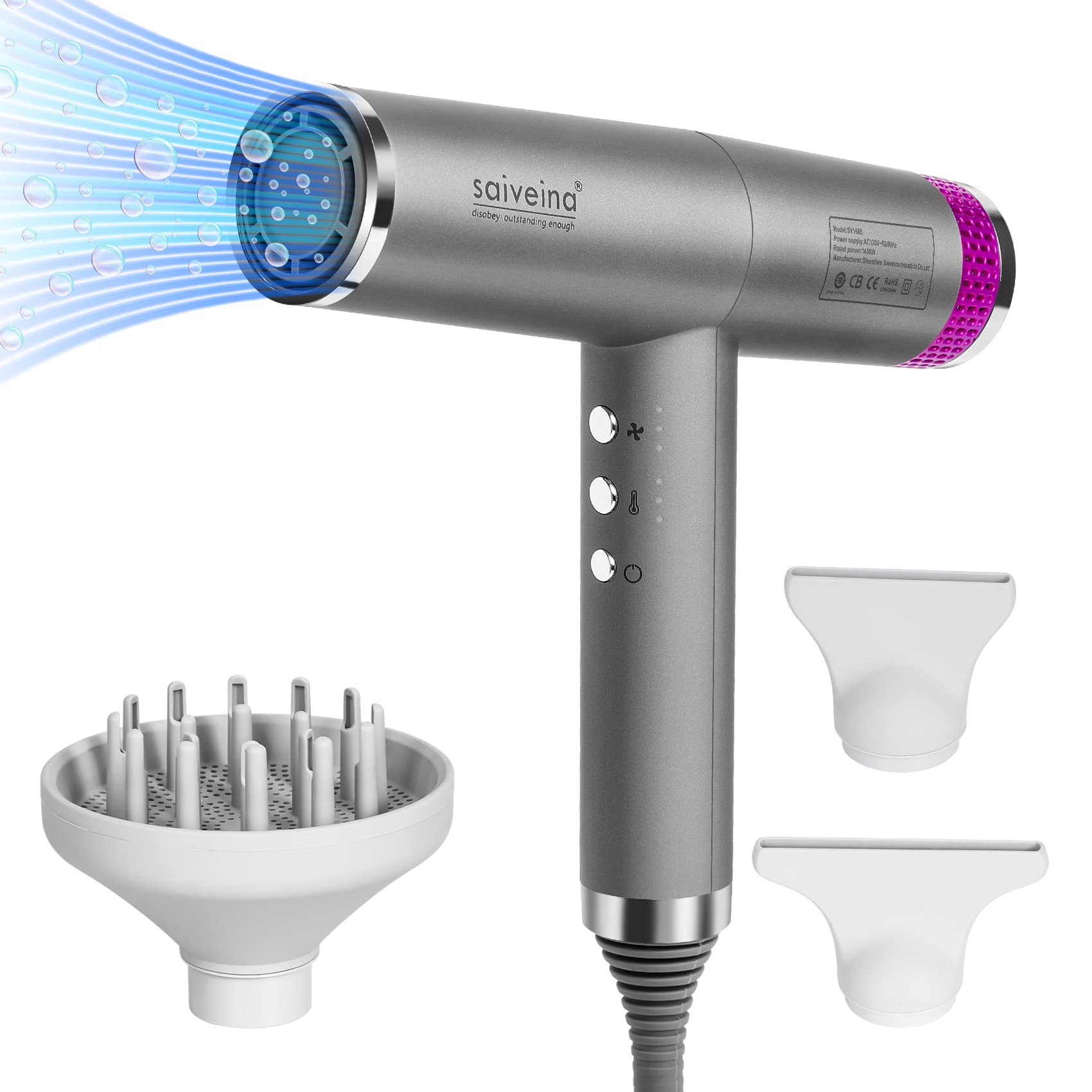 Professional Ionic Hair Dryer - High Speed Brushless Blow Dryer with Diffuser & 2 Nozzles | Lightweight, UL ALCI Safety Plug, Constant Temperature & Negative Ion Technology for Healthy Hair Care | Perfect for Home Use, Salon Styling & Travel