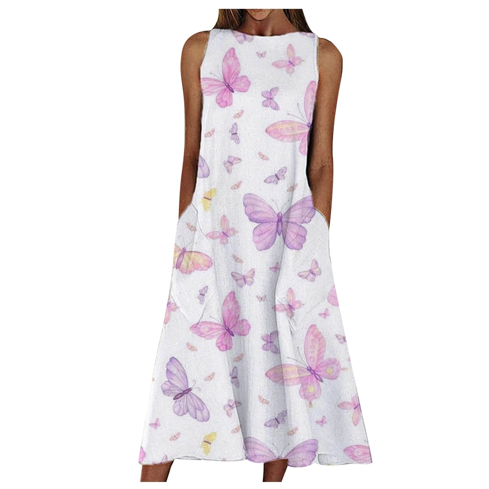 Longyy Women's Floral Print Summer Dress - Trendy Crew Neck Sleeveless Swing Dress for Casual Wear, Beach Vacation & Outdoor Activities | Lightweight Loose Fit Maxi Dress for Women