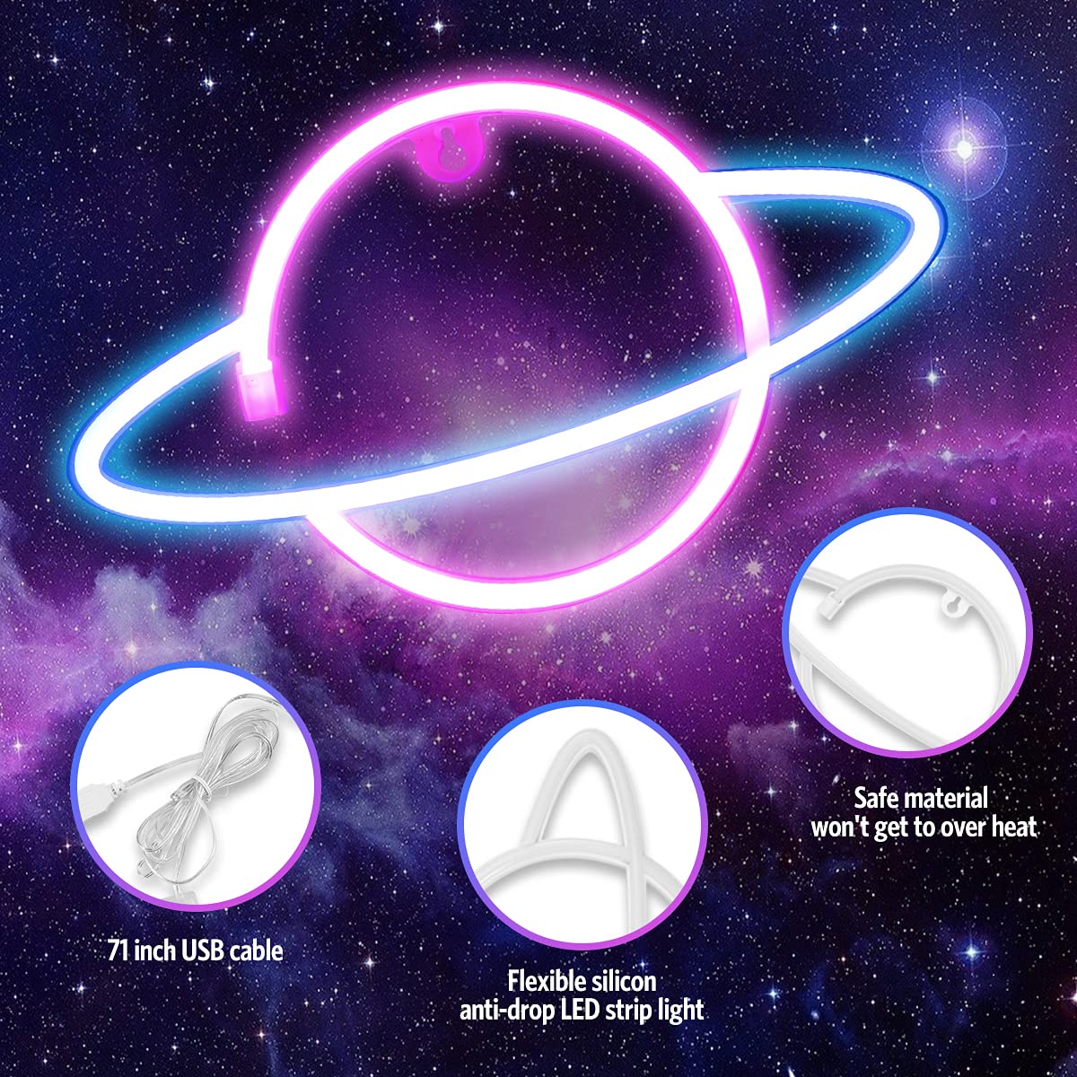 Criacr LED Planet Neon Light Sign - USB/Battery Powered Wall Decor Night Light in Pink & Blue - Perfect for Bedroom, Kids Room, Bar, Party & Home Decoration | Creates Cozy Atmosphere for Relaxation & Festive Celebrations