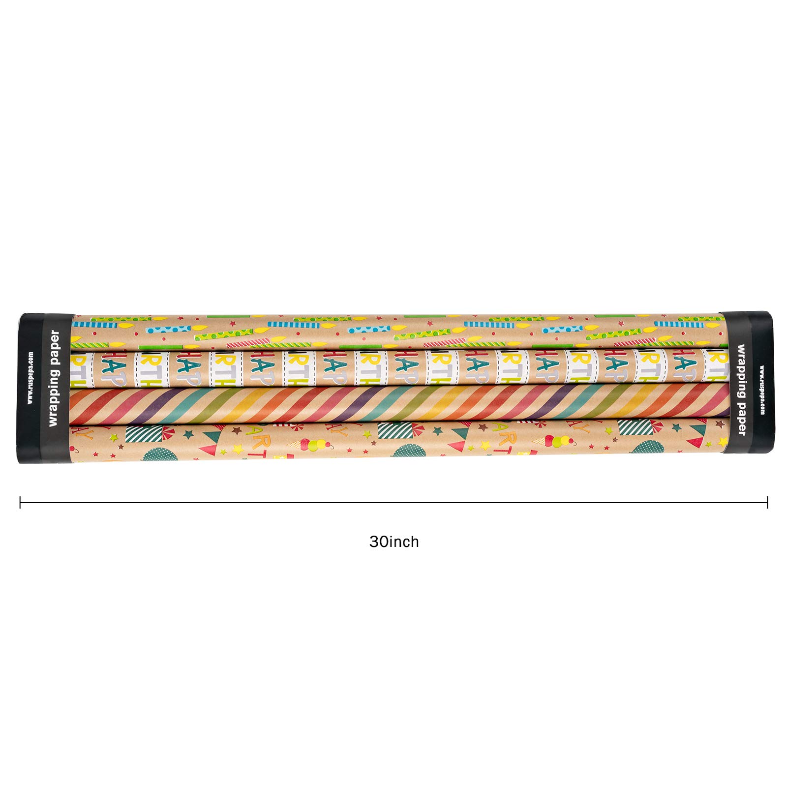 Colorful Kraft Wrapping Paper for Birthdays - 4 Rolls (30