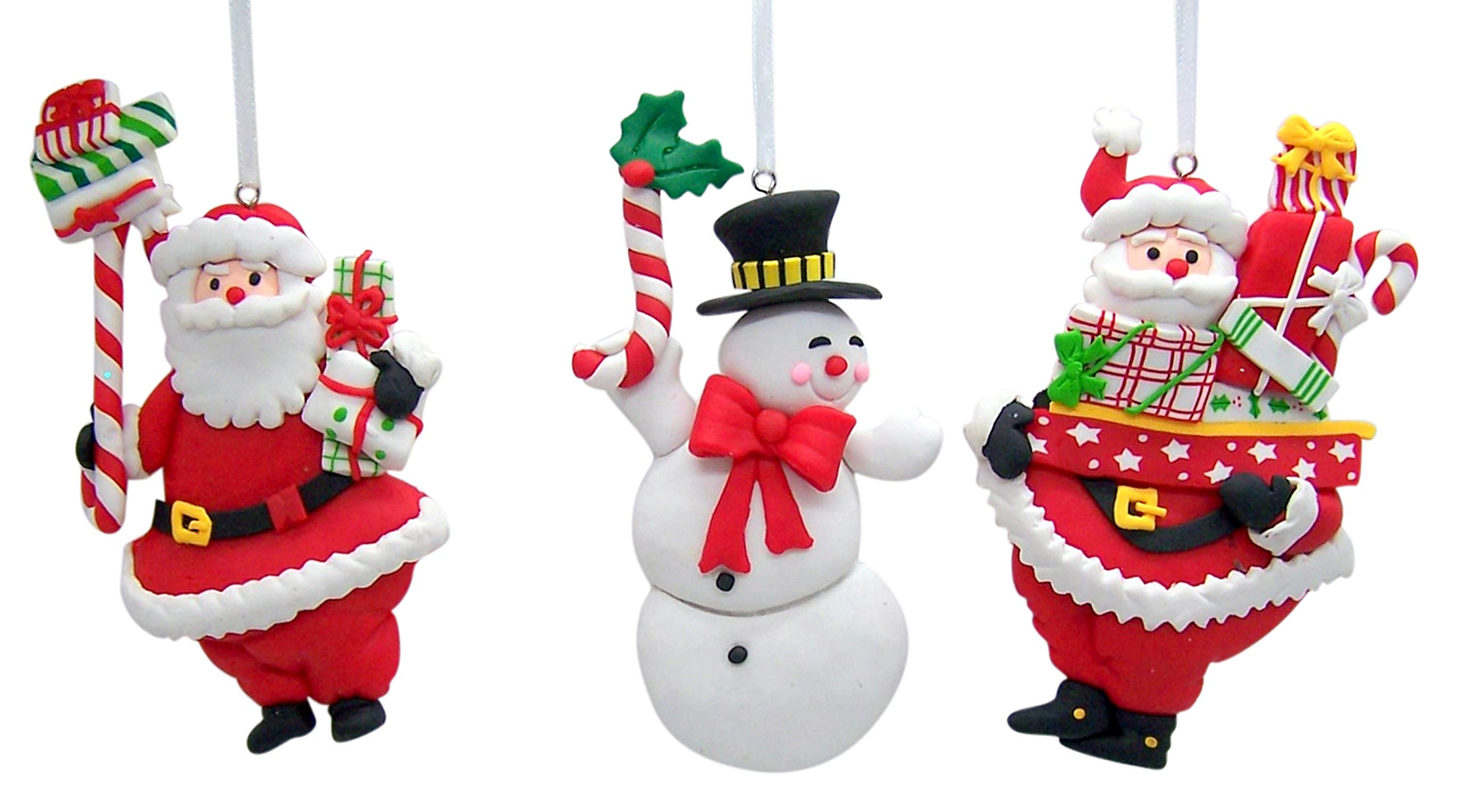 Santa and Snowman Clay Dough Christmas Ornaments - 7 Inch Festive Holiday Decor Set of 3 for Tree, Mantel & Gift Wrapping