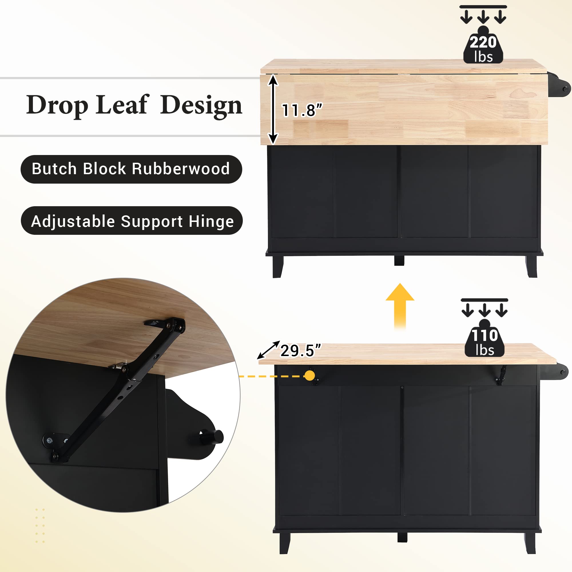 Farmhouse Kitchen Island Set with Drop Leaf & 2 Seats - Dining Table with Storage Cabinet, Drawers & Towel Rack - Rustic Kitchen & Dining Room Furniture (Black) - Perfect for Small Space Cooking, Entertaining & Extra Storage