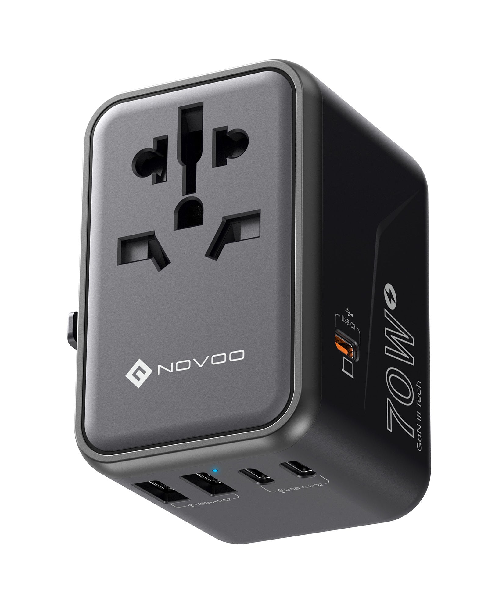 NOVOO RG70 GaNIII 70W Universal Travel Adapter - Worldwide Power Plug with 3 USB C & 2 USB A Ports - Fast Charging for Laptops, Phones & Tablets - Perfect for Business Travel, Vacations & International Trips