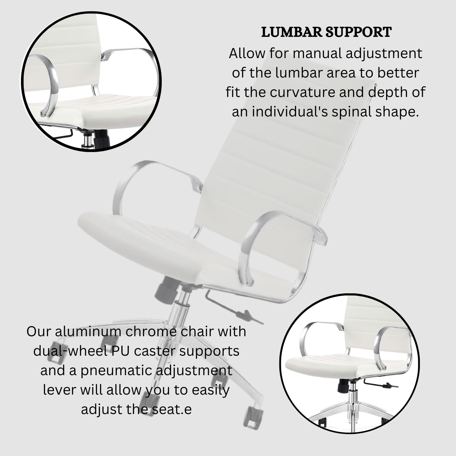 Ergonomic Ribbed High Back Conference Room Chair with Lumbar Support - Modern Executive Office Chair with 360° Swivel & Rolling Wheels - Aluminum Chrome Frame & Base - White Home Office Chair (Pack of 1) - Perfect for Meetings, Workstations & Home Offices