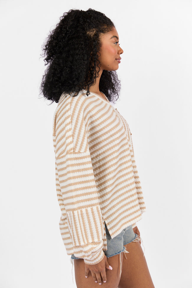 All For Sun Tan and Ivory Striped Knit V-Neck Long Sleeve Tee - Women's Casual Striped Shirt for Beach, Vacation & Everyday Wear | Final Sale