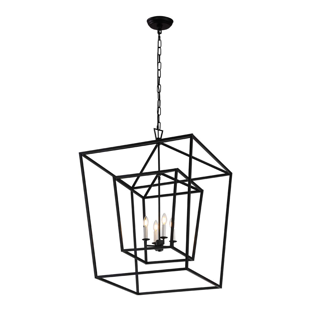 Decomust 29-Inch 4-Light Black Metal Cage Chandelier - Modern Pendant Lighting for Kitchen Island, Entryway, Hallway & Dining Room - Lantern Style Ceiling Fixture for Farmhouse & Industrial Decor
