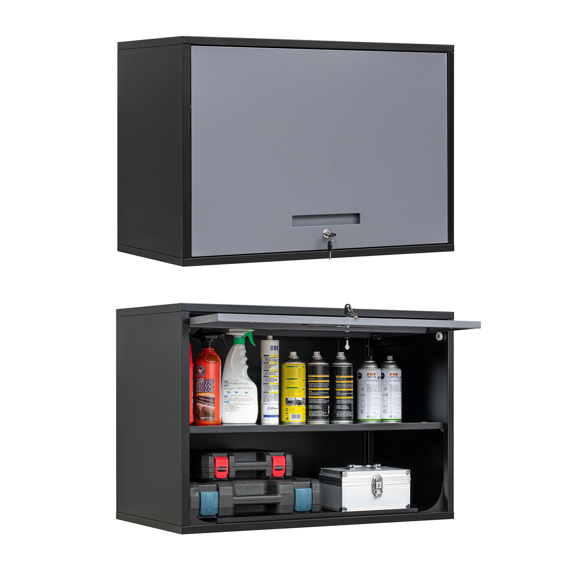 Metal Wall Storage Cabinet with Lock - 2 Shelving Garage Storage Cabinet with Flip-Up Door - Hanging Garage Cabinet for Kitchen, Home & Workshop - Easy Assembly (Black Gray, 21.6''H) - Perfect for Organizing Tools, Pantry Items & Garage Supplies