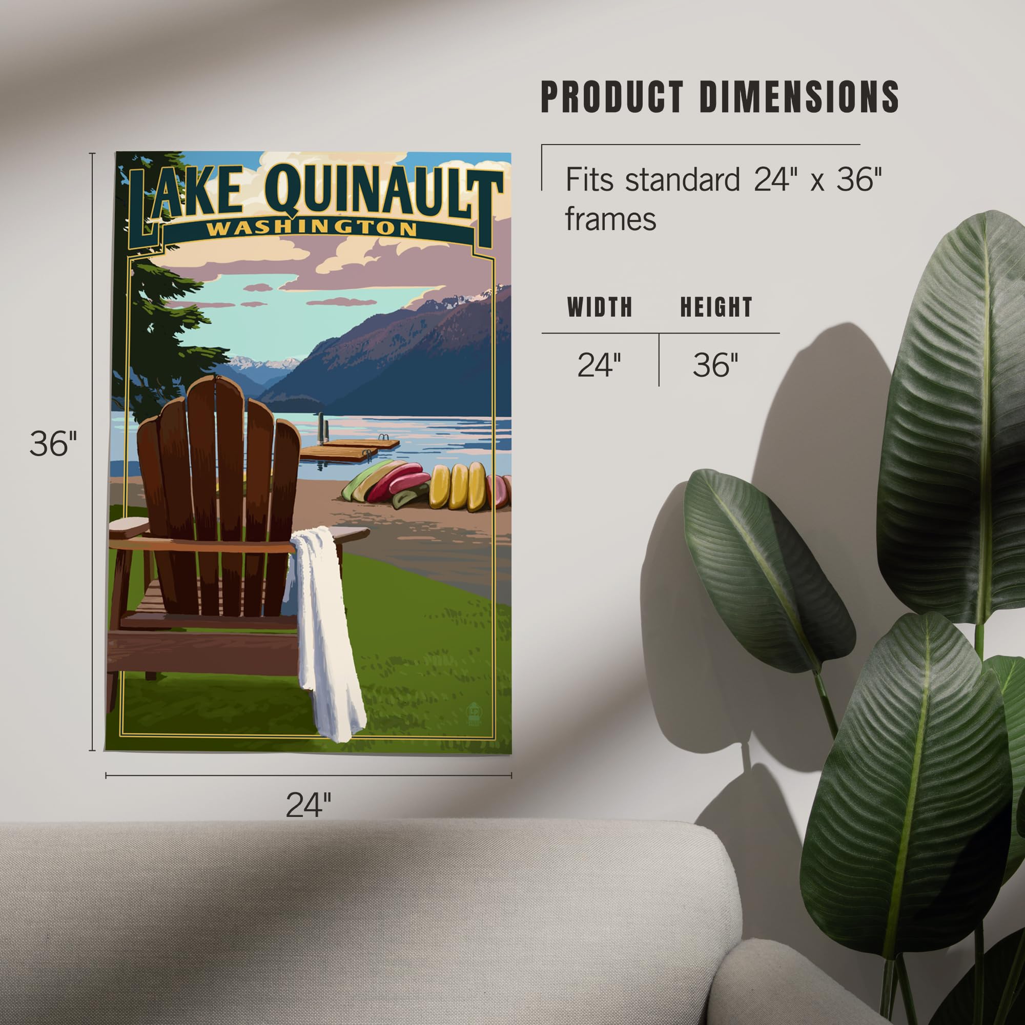 Lantern Press 24x36 Inch Giclee Art Print - Lake Quinault & Adirondack Chairs Wall Decor for Living Room, Bedroom & Office | Washington Landscape Artwork