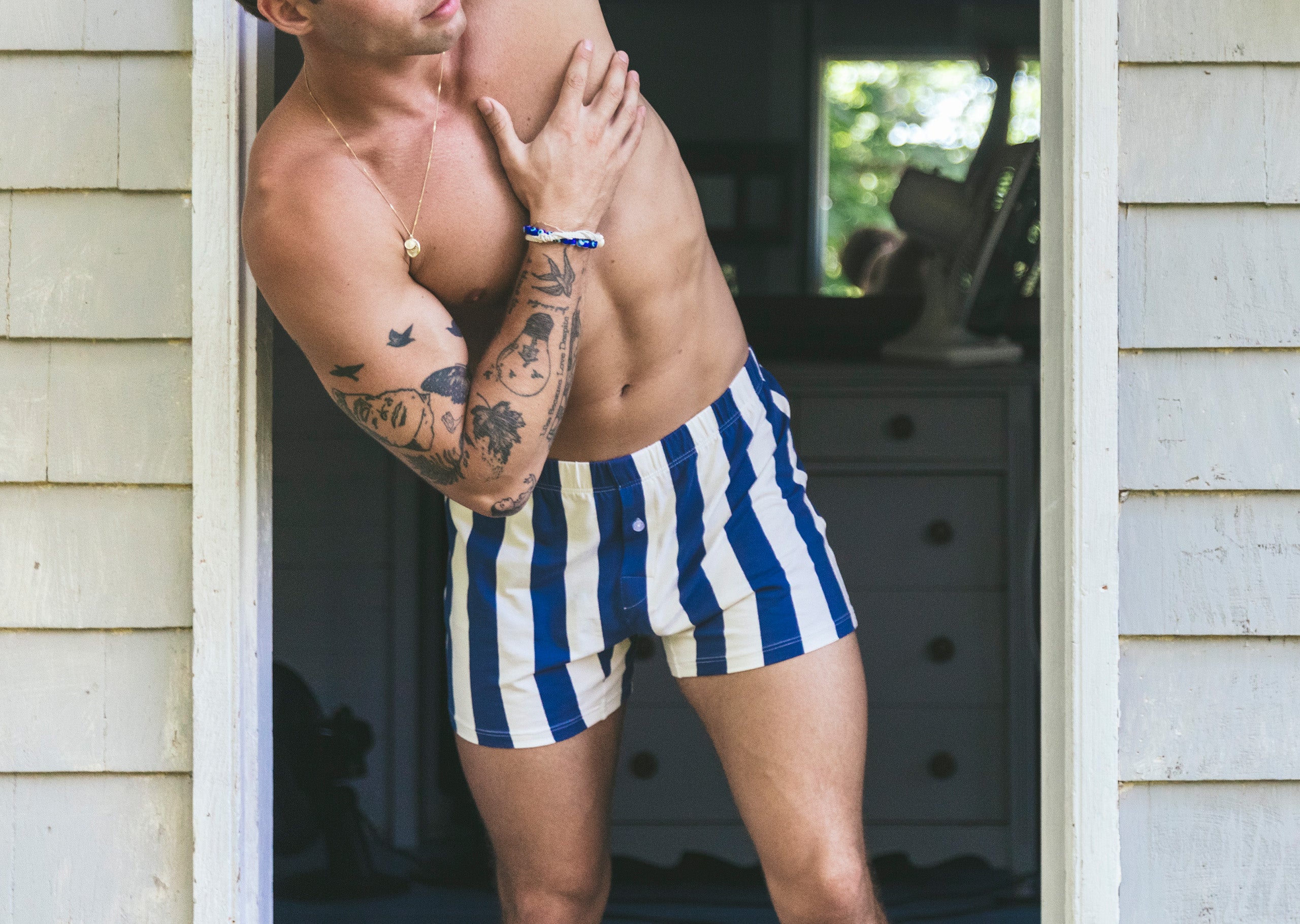 Slim Fit Boxer Briefs for Men - Navy & Cream Cabana Stripe - Soft Comfortable Underwear for Everyday Wear, Workout, and Travel