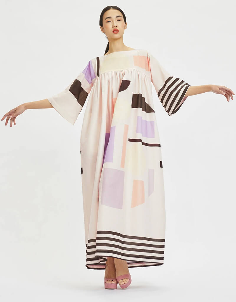 Beige Poly Rayon Cotton Kaftan Dress for Women - Lightweight Summer Cover Up, Beach Tunic, Boho Maxi Dress for Vacation, Poolside Lounging & Resort Wear
