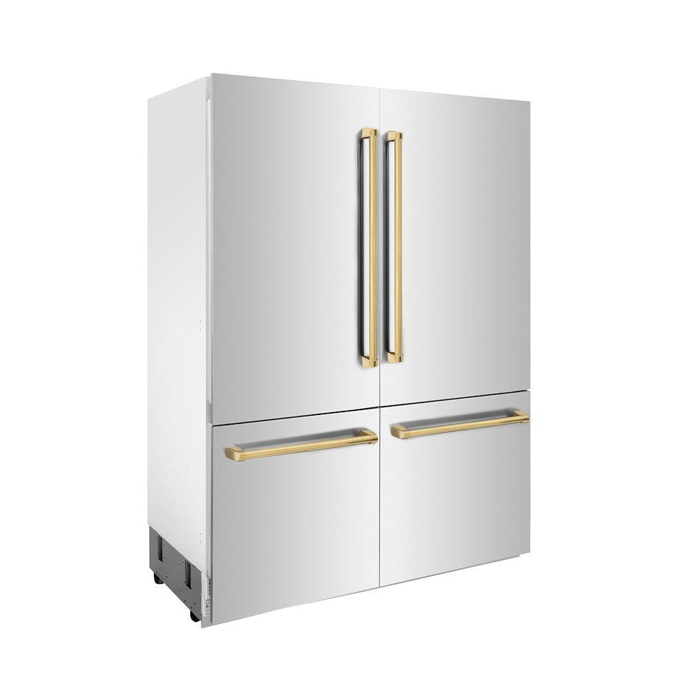 ZLINE Autograph Edition 60-Inch 32.2 cu. ft. French Door Built-In Bottom Freezer Refrigerator with Water Dispenser & Ice Maker - Stainless Steel with Polished Gold Accents (RBIVZ 304 60 G) - Perfect for Modern Kitchens & Luxury Homes