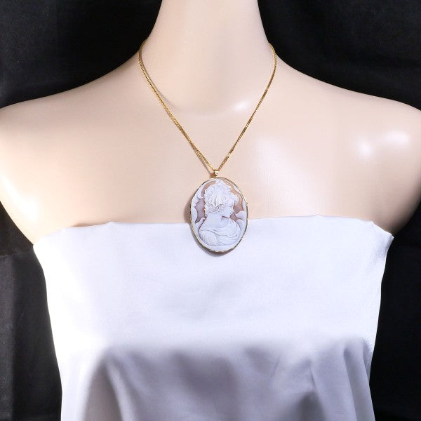 18K Yellow Gold Shell Cameo 2-Way Necklace & Brooch Set with Certificate - Vintage Jewelry for Weddings, Anniversaries & Special Occasions
