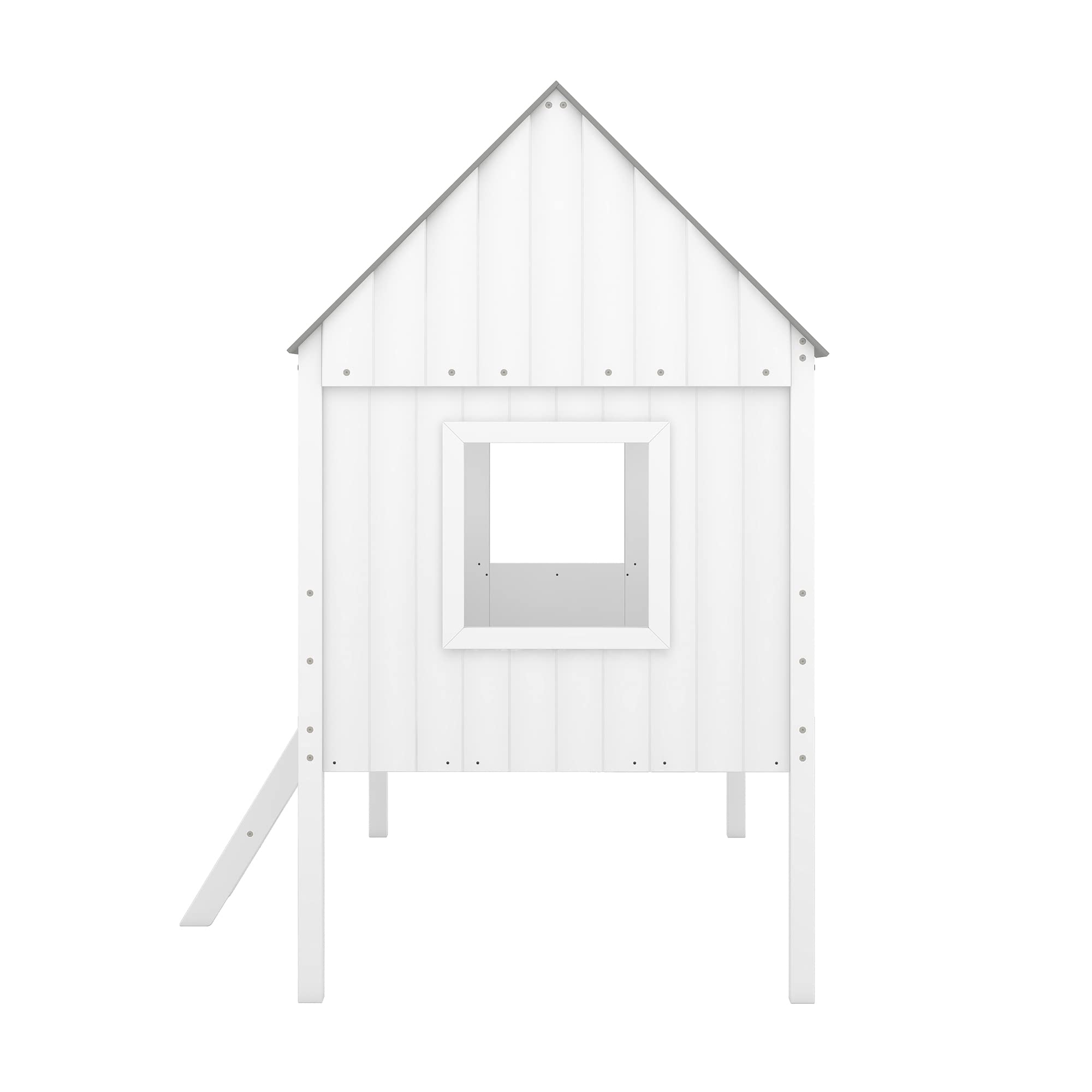 **Wooden Twin House Loft Bed for Kids with Windows & Roof - Easy Assembly Low Bunk Bed Frame for Boys & Girls (White & Gray) - Perfect for Small Bedrooms & Play Areas**