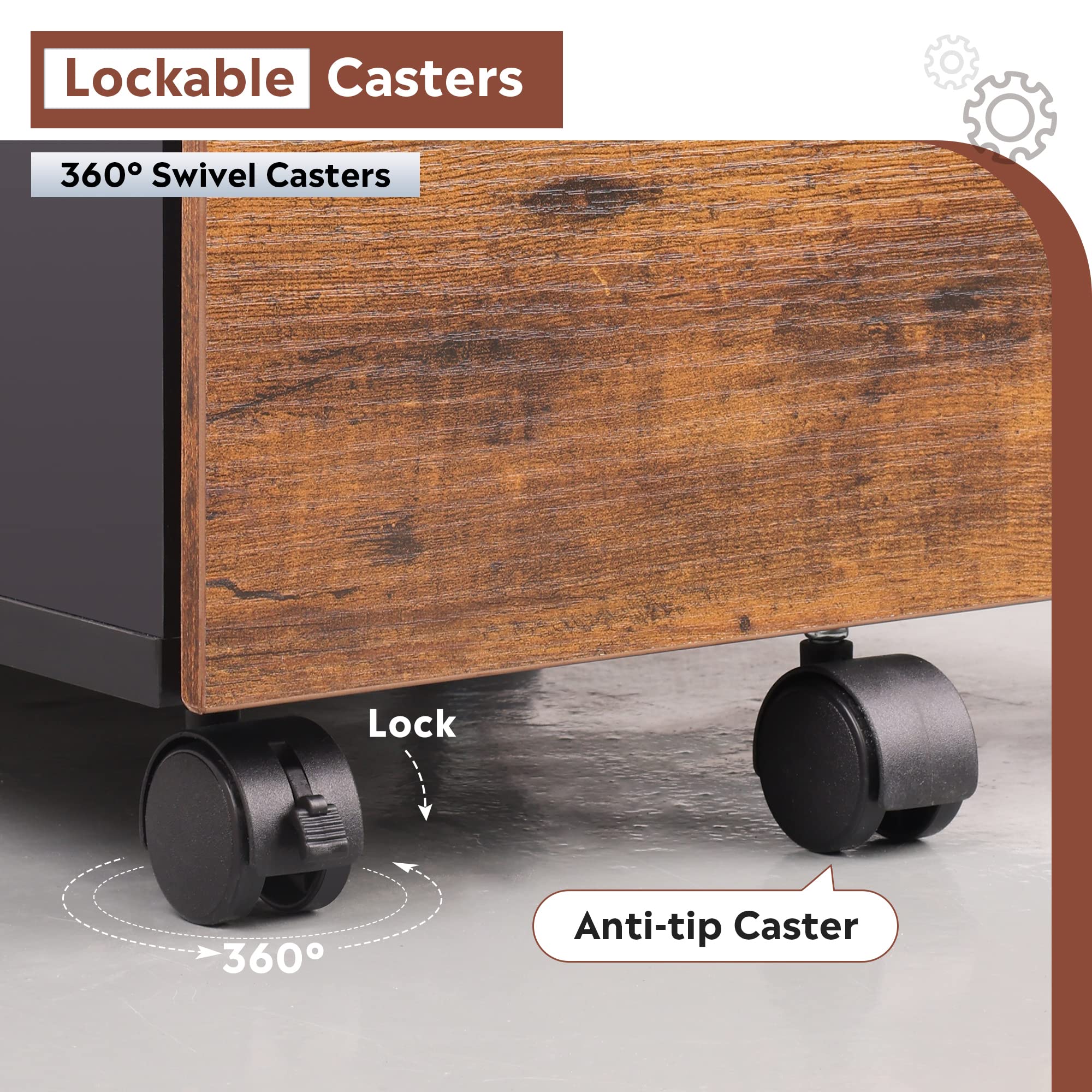 DEVAISE 3-Drawer Rolling File Cabinet with Lock - Wooden Under Desk Storage Organizer for Letter/Legal/A4 Documents - Rustic Brown Home Office Furniture for Small Spaces & Workspaces