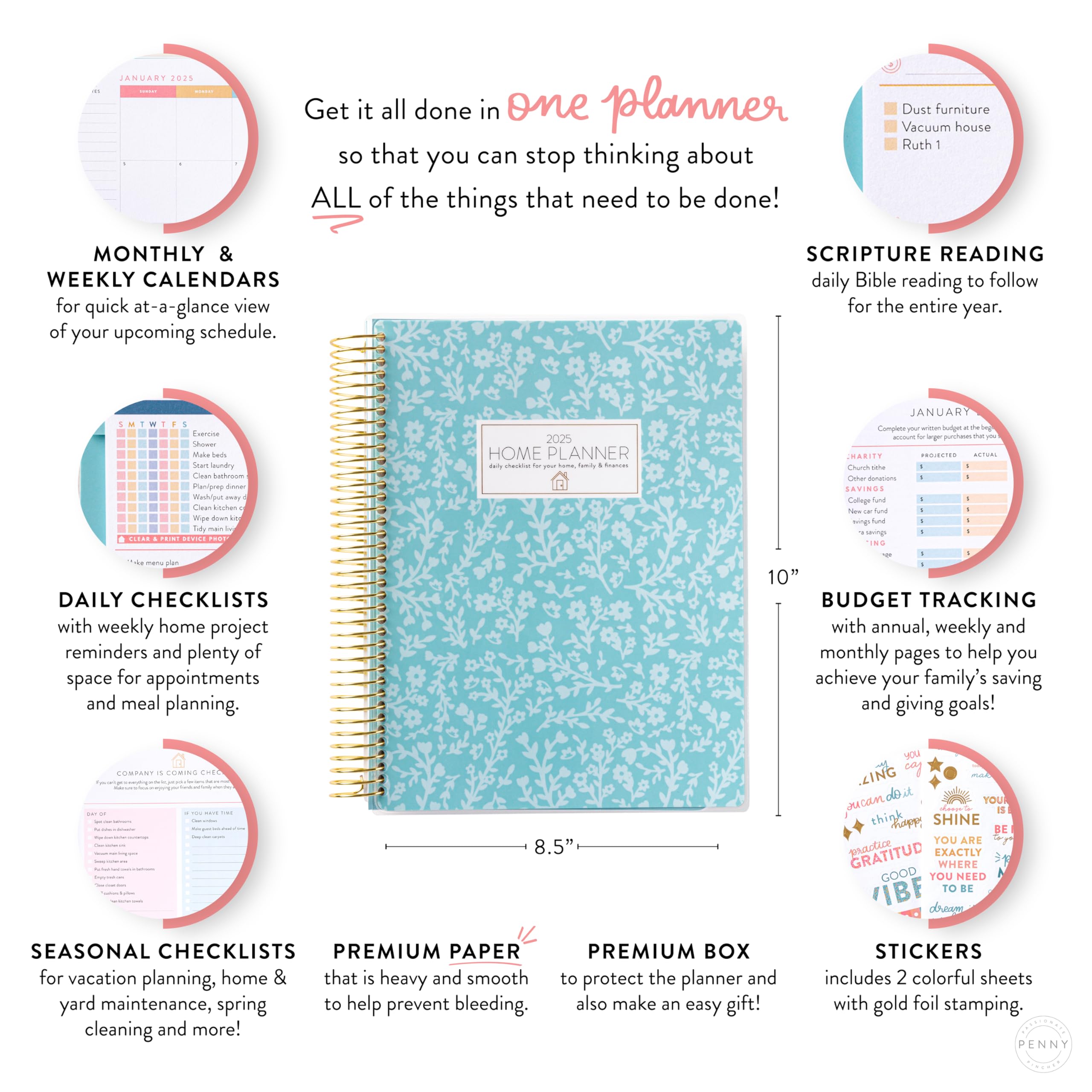 2025 Floral Home Planner with Stickers - Daily Checklist, Monthly Budget Worksheet & Calendar Layout - Vacation Planner for Work from Home - Coil Bound with Durable Poly Cover - Perfect for Remote Work, Family Organization & Travel Planning