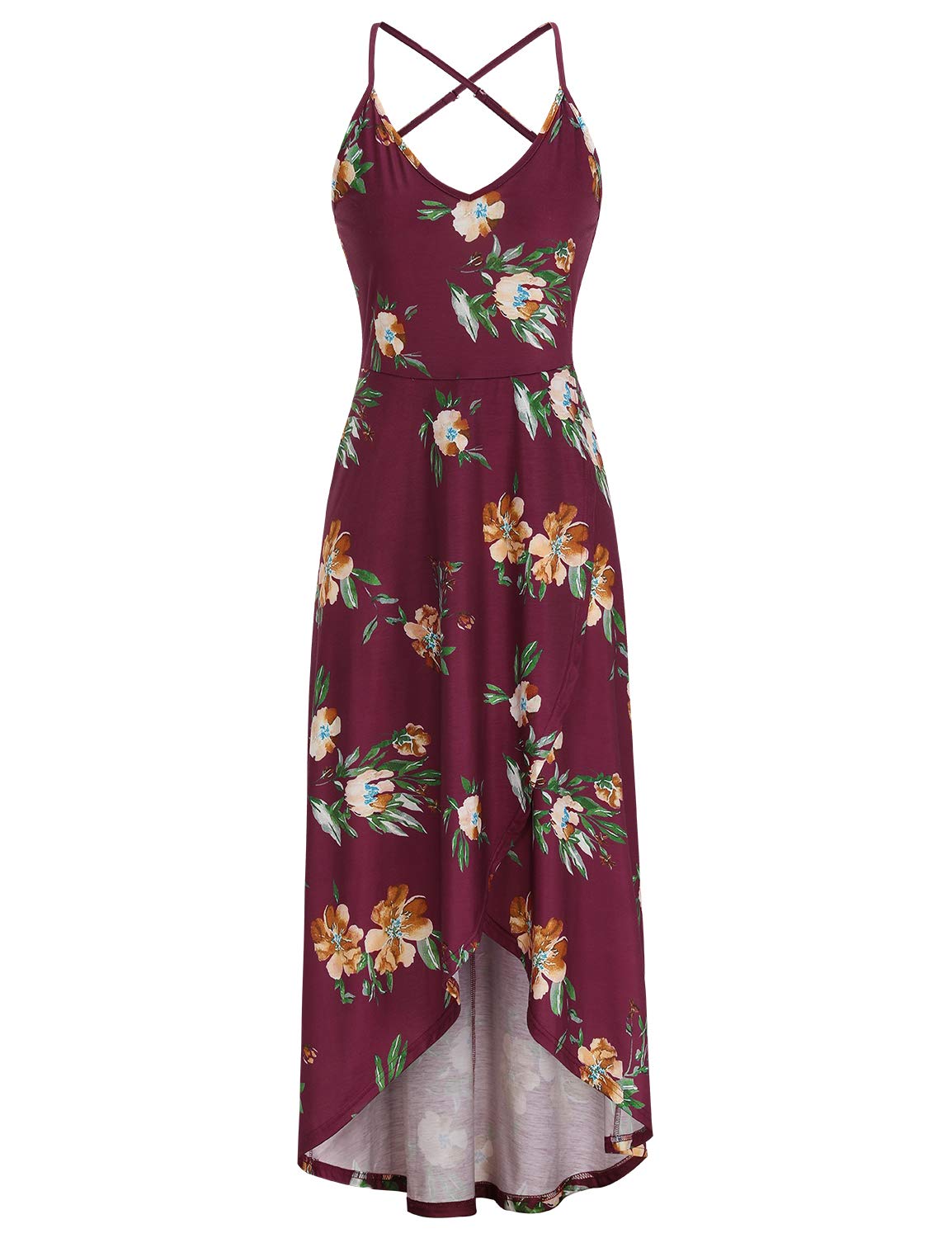 KILIG Women's V Neck Sleeveless Floral Maxi Dress - Asymmetrical Patchwork Summer Sundress for Casual Wear, Beach Vacation & Outdoor Date Night