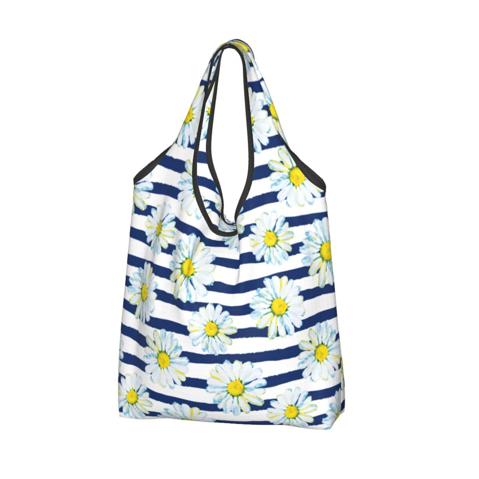 Blue Striped Watercolor Daisy Reusable Shopping Bags - Large Waterproof Foldable Grocery Tote for Groceries, Beach, Picnics & Daily Use