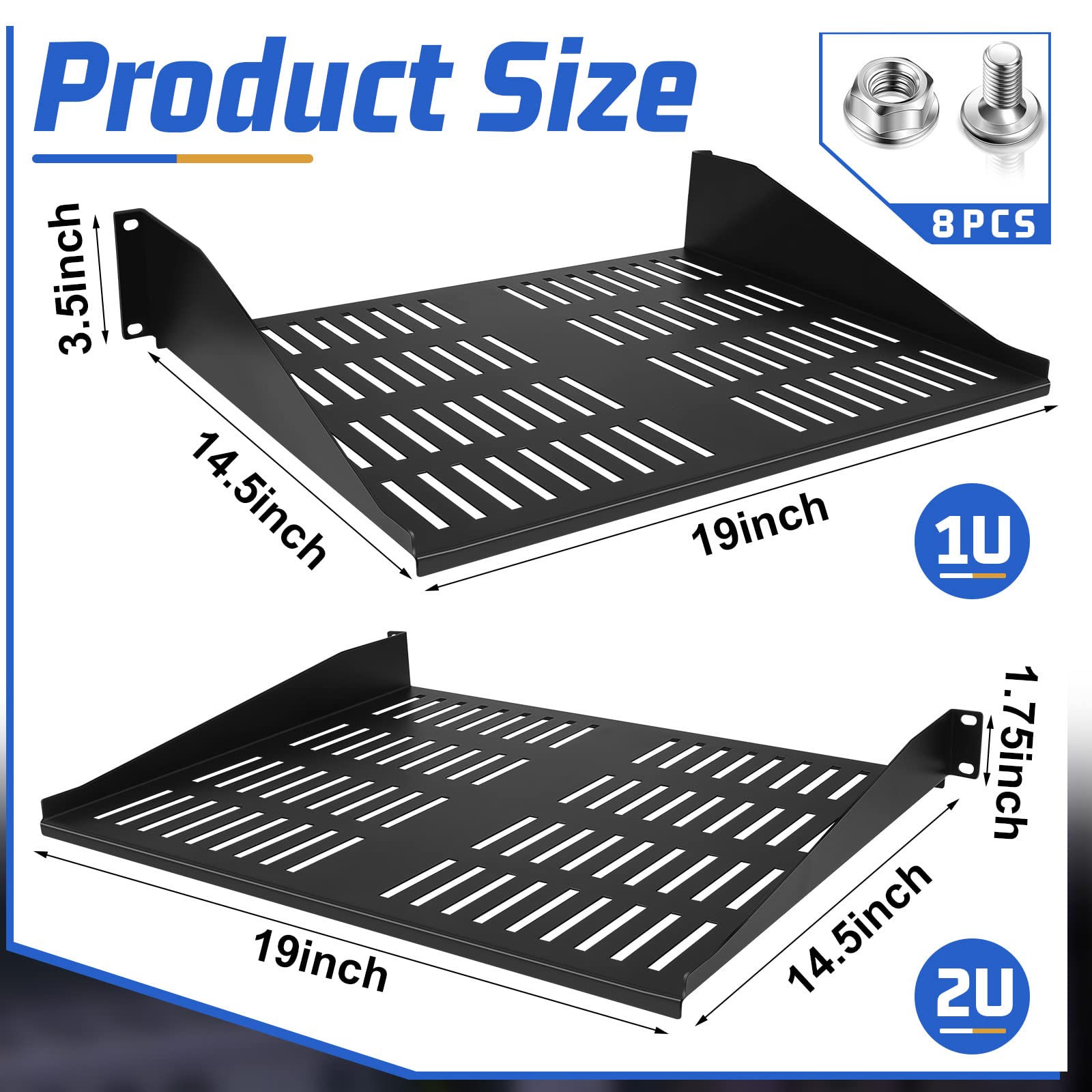 2 Pcs 1U 2U Universal Vented Server Rack Shelf - 19 Inch Network Equipment Mounting Tray for Airflow, 14.5 Inch Deep - Perfect for Data Center, Server Room, and Network Cabinet Organization