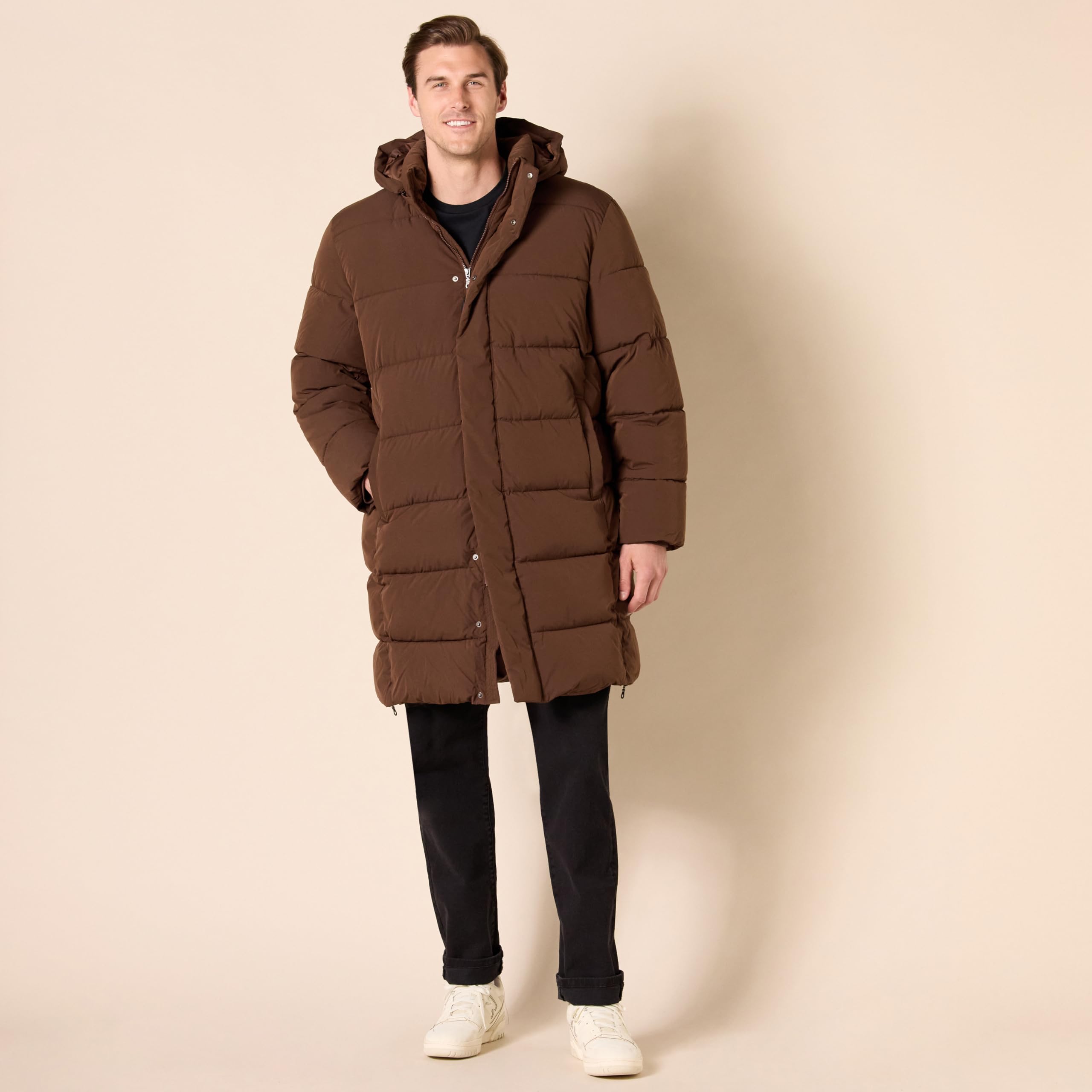 Amazon Essentials Men's Hooded Long Puffer Coat - Lightweight Winter Jacket with Warm Insulation for Outdoor Activities, Hiking, and Cold Weather Commuting