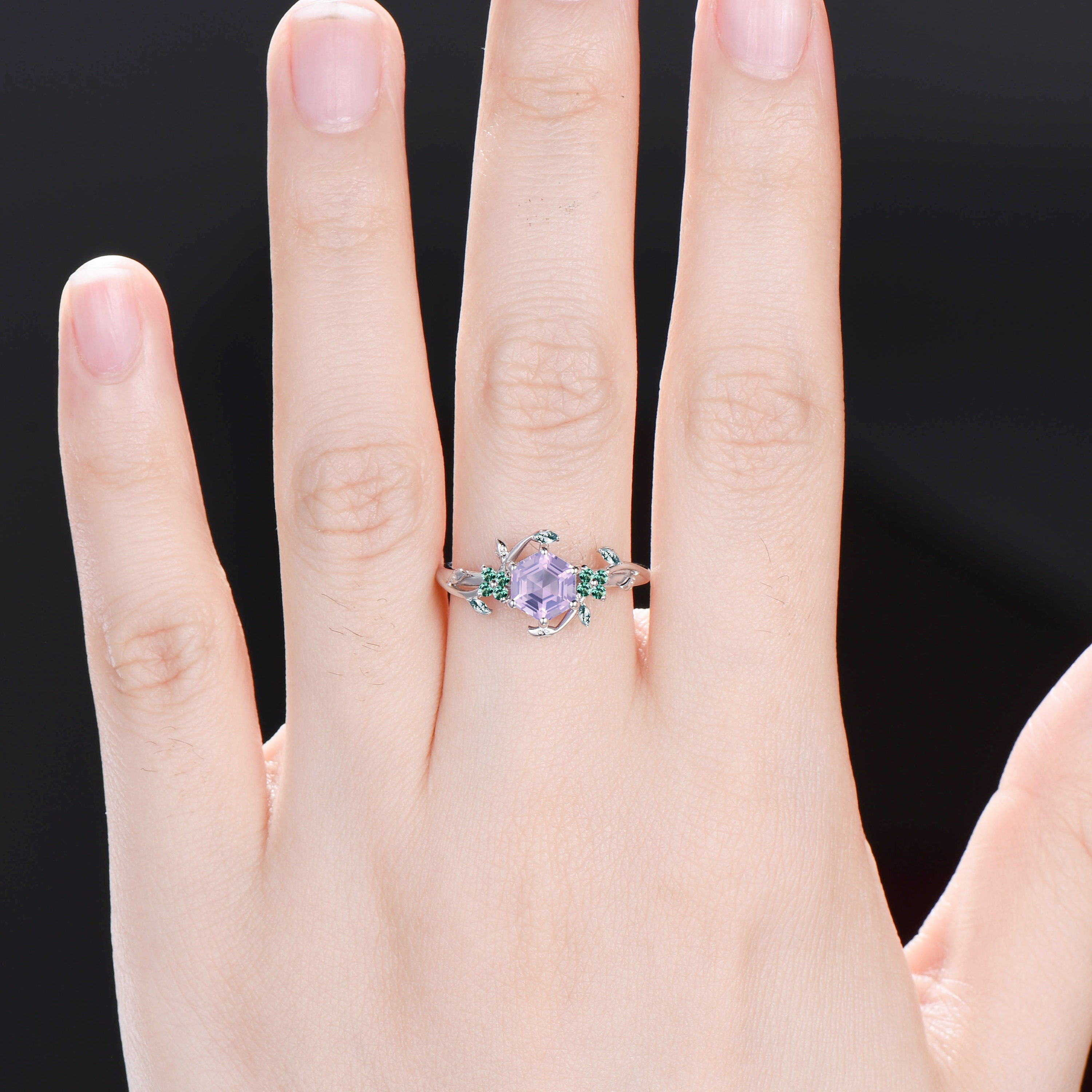Elegant Hexagon Lavender Amethyst Ring - Vintage Twig Engagement Ring with Marquise Moss Agate - Natural Emerald Inspired Wedding Band for Women - Perfect for Boho Chic, Nature-Inspired Jewelry Lovers and Special Occasions