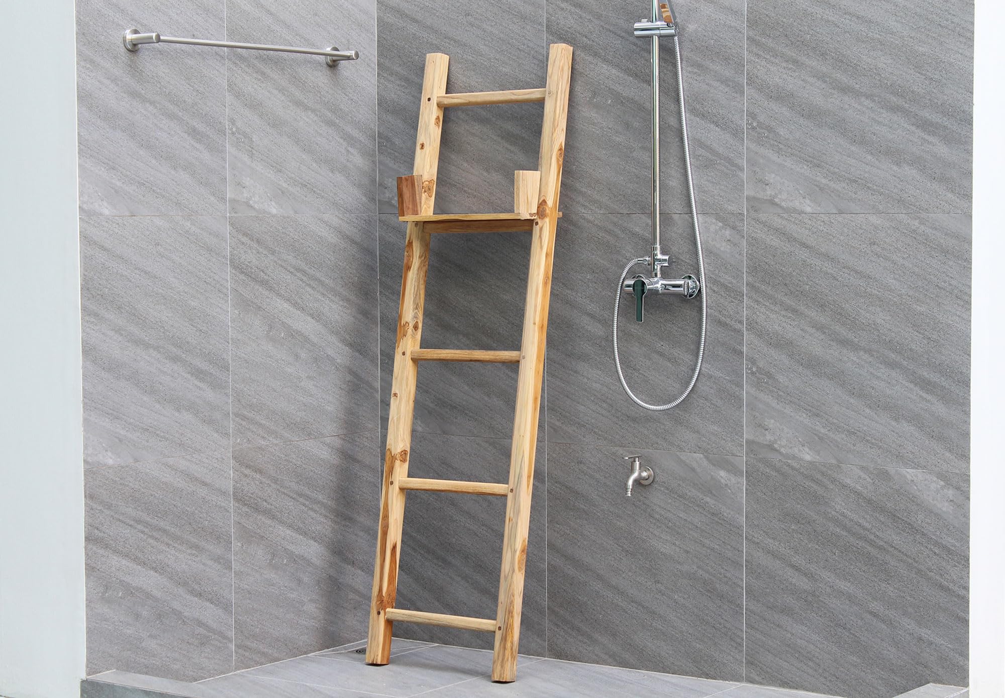 Haussmann® 18 x 64 Inch Adjustable Shelf Teak Wood Bathroom Towel Ladder - Rustic Home Decor for Spa, Sauna & Luxury Bathroom Organization