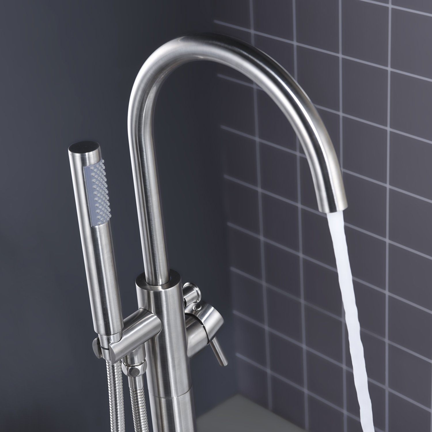 Freestanding Bathtub Faucet with Hand Shower - Brushed Nickel Floor Mount Single Handle Brass Tub Filler for Modern Bathroom | Perfect for Spa-Like Relaxation & Luxury Bathing Experience