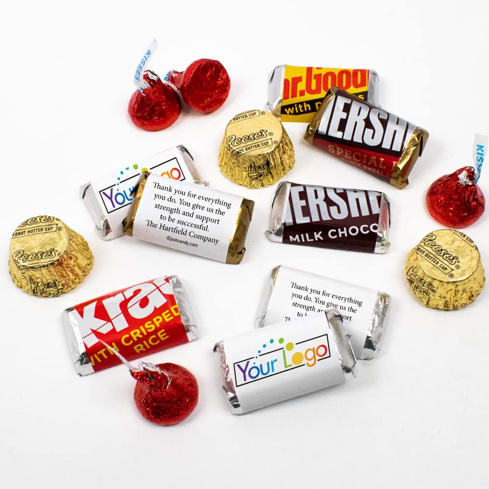 190 Pcs Bulk Custom Candy with Business Logo - Personalized Mini Chocolates, Kisses & Peanut Butter Cups for Candy Buffet, Party Favors & Corporate Gifts (Gold & Red)