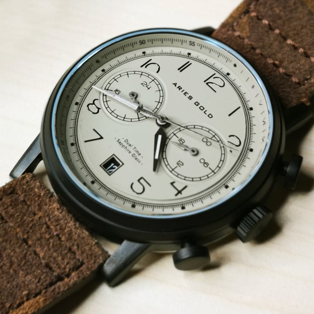 ARIES GOLD Urban Journey Black Stainless Steel Men's Watch with Khaki Camo Brown Leather Strap - Perfect for Outdoor Adventures & Casual Wear