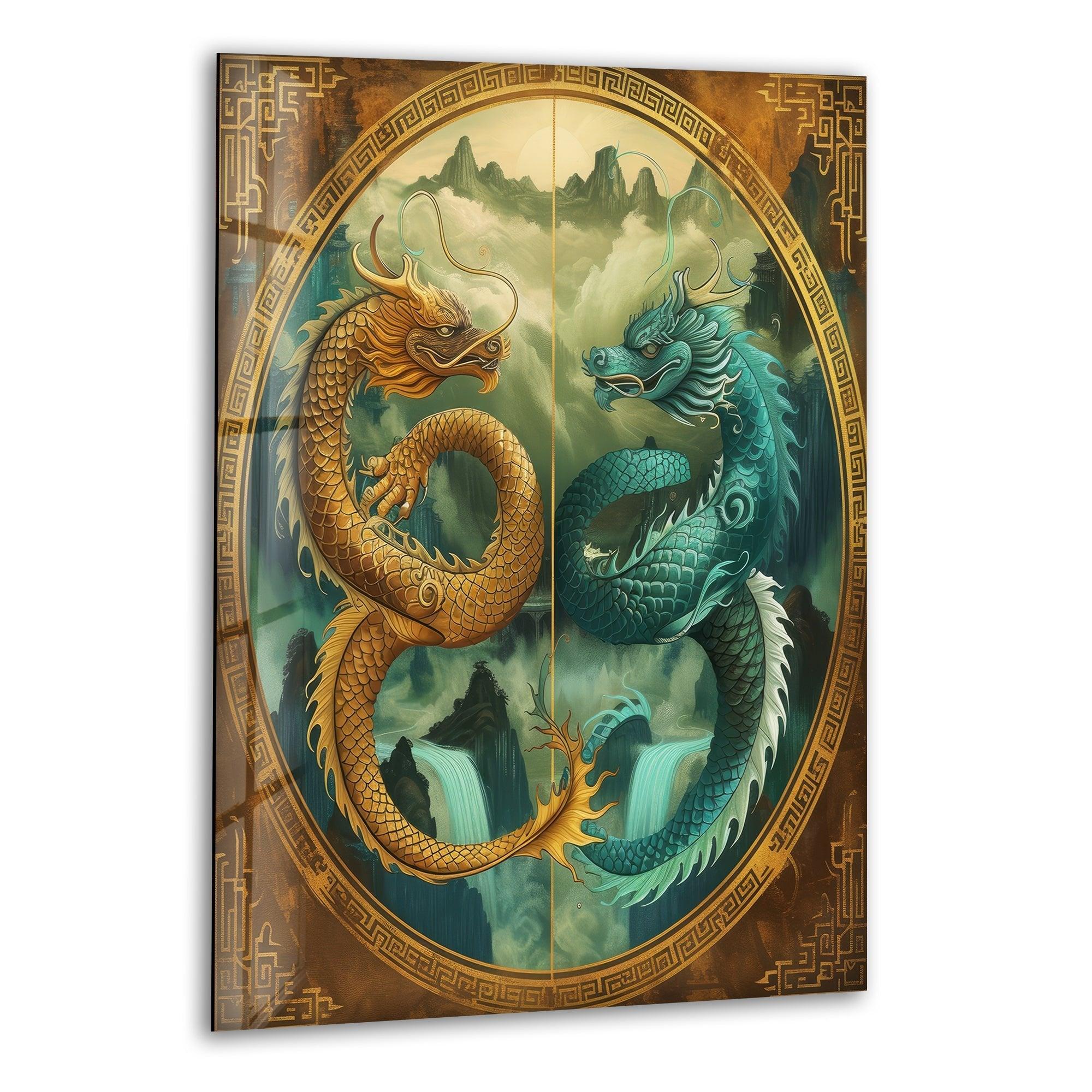 Ao Kuang & Ao Shun Chinese Dragon Glass Wall Art - Elegant Home Decor for Living Room, Bedroom, or Office