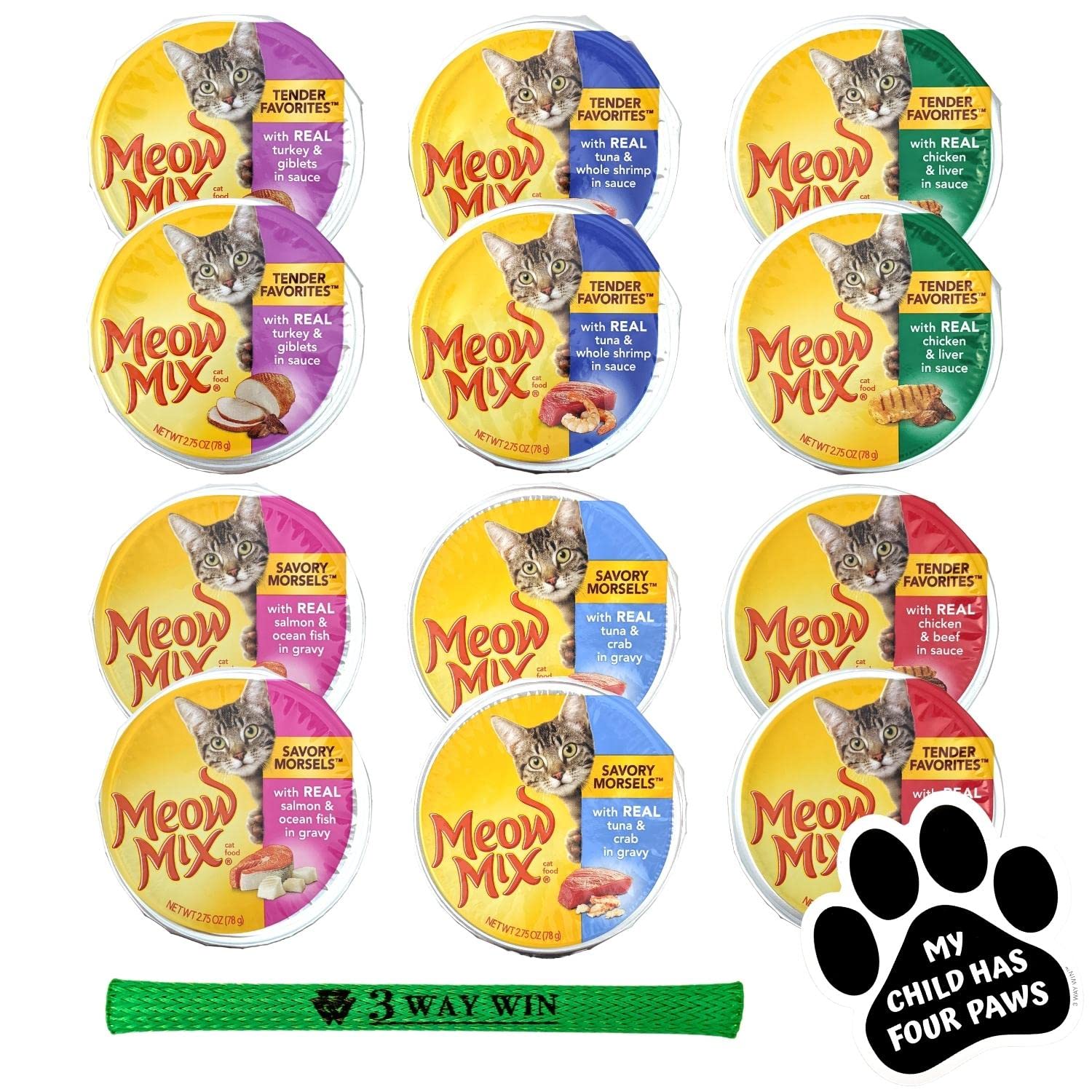 Meow Mix Wet Cat Food Variety Pack - 6 Delicious Flavors (Tuna Shrimp, Salmon Ocean Fish, Tuna Crab, Chicken Liver, Chicken Beef, Turkey Giblets) 2.75oz Cups - Includes Free Kitty Toy & Magnet - Perfect for Multi-Cat Households & Picky Eaters
