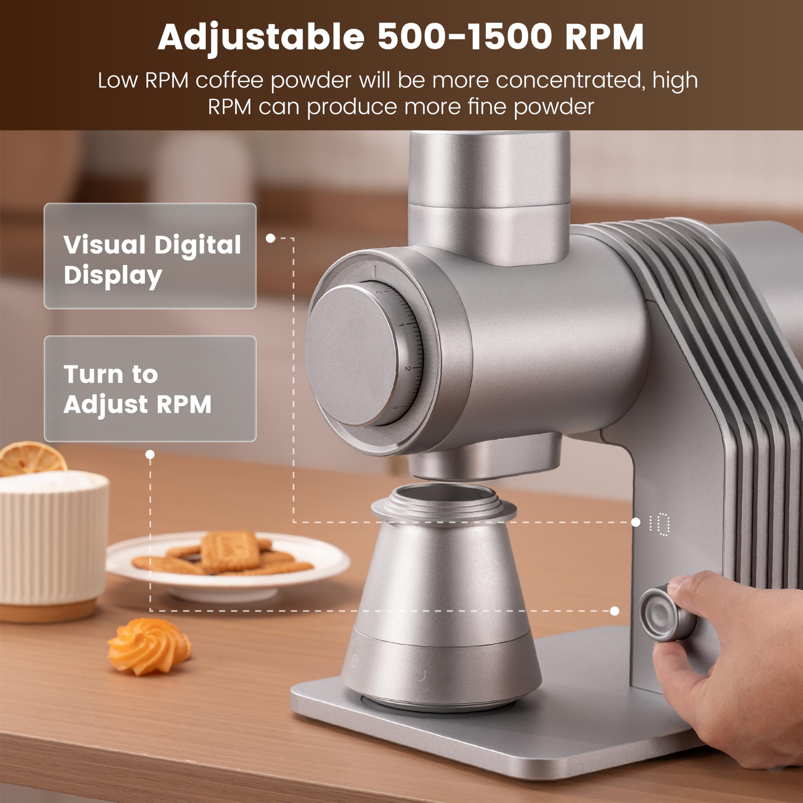 Gevi VelPro 400 Single Dose Coffee Grinder - 64mm Titanium Flat Burr, Variable Speed & Stepless Adjustment for Espresso, Drip, French Press & Cold Brew - Perfect for Home Baristas & Coffee Enthusiasts - Silver