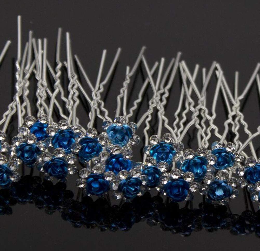 20 PCS Sky Blue Rhinestone Rose Hair Clips - U-Shaped Crystal Bridal Hair Pins for Women Wedding Accessories | Perfect for Bridal Parties, Prom, and Formal Events